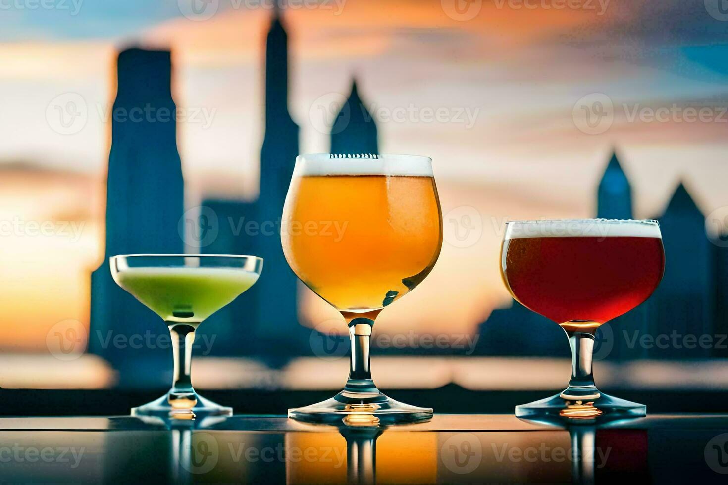 three glasses of different drinks with city skyline in the background. AI-Generated photo