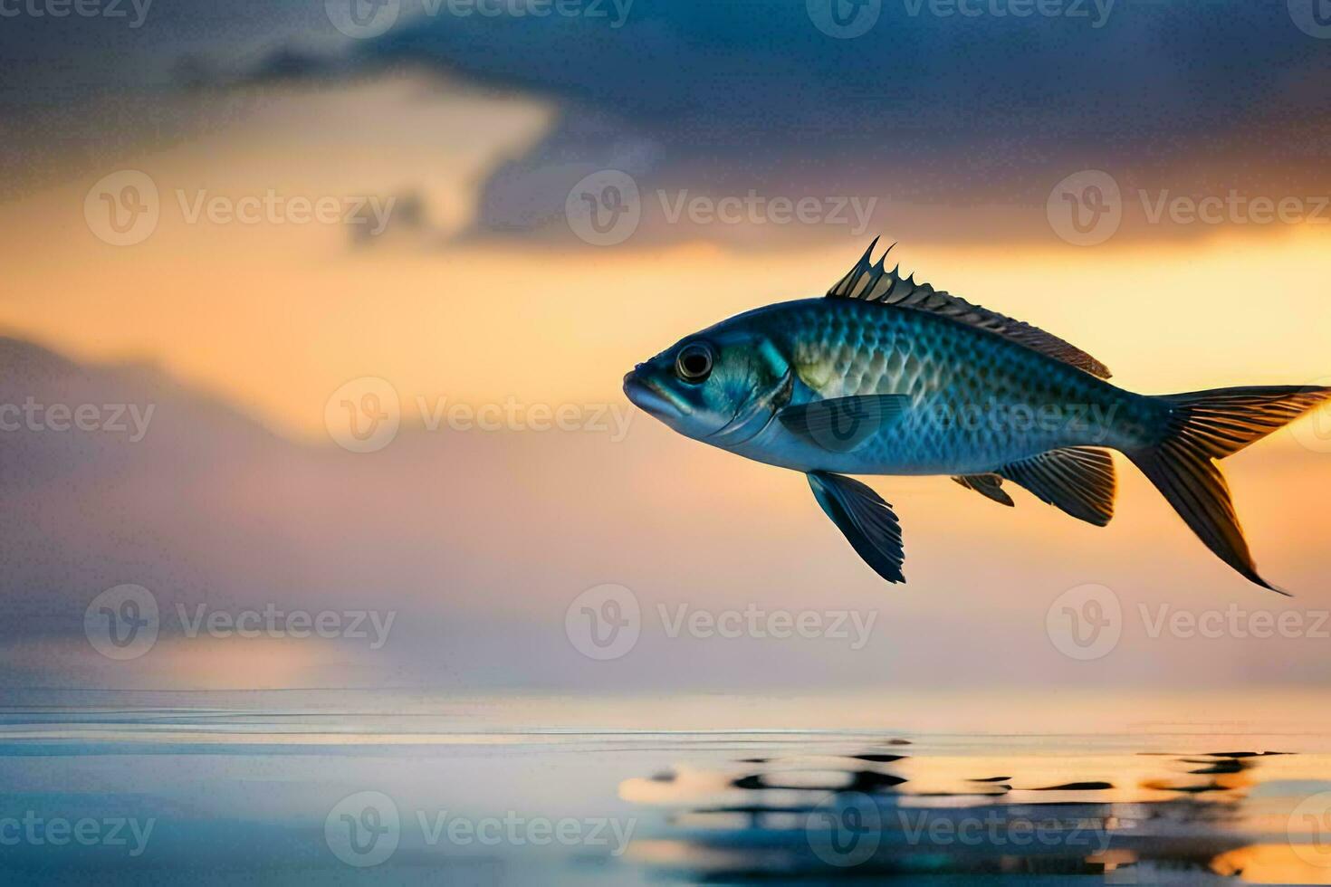 un pescado es volador terminado el agua a puesta de sol. generado por ai foto