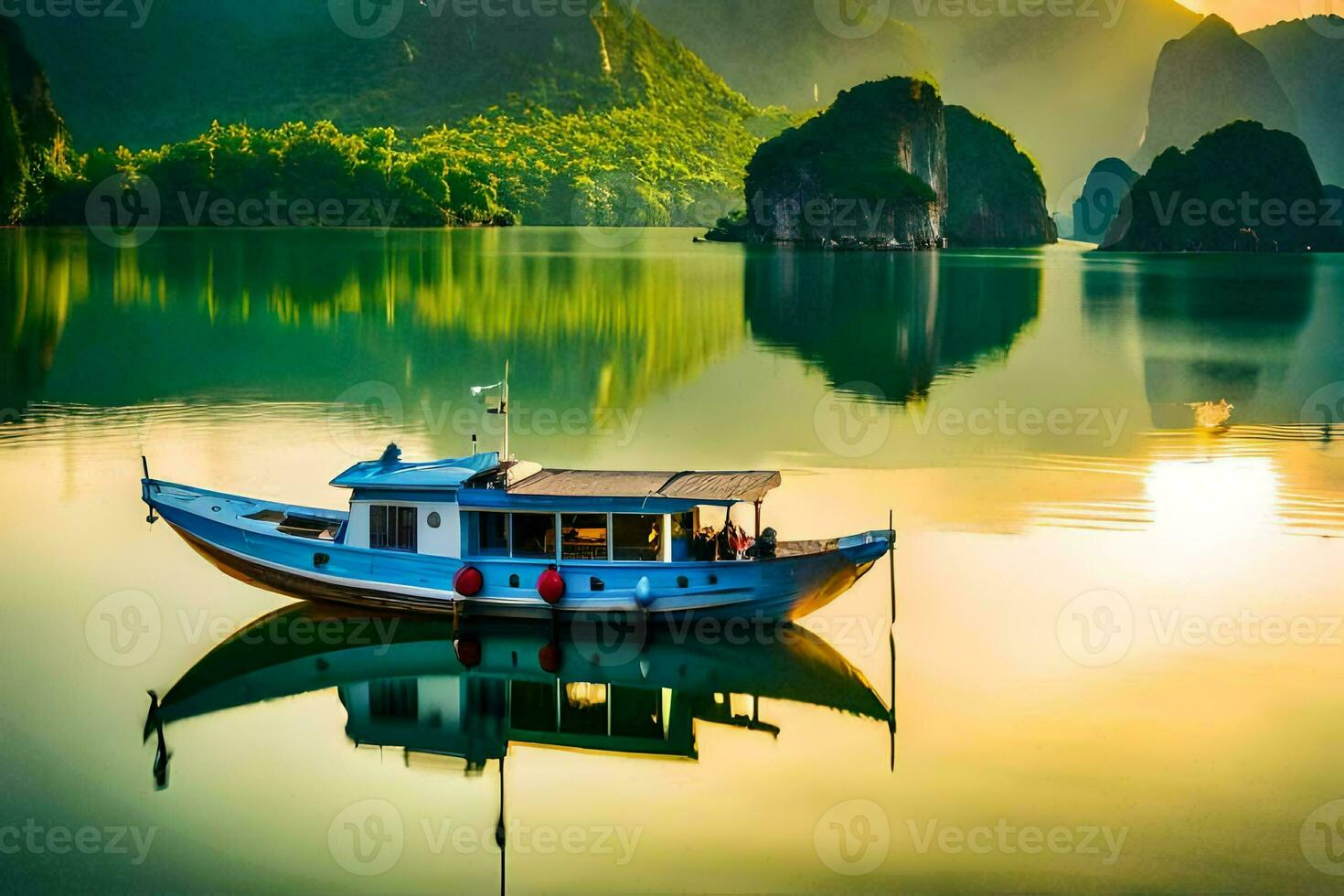 un barco flotante en el agua cerca montañas. generado por ai foto