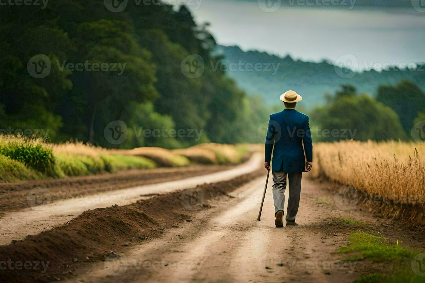 a man in a suit and hat walking down a dirt road. AI-Generated photo