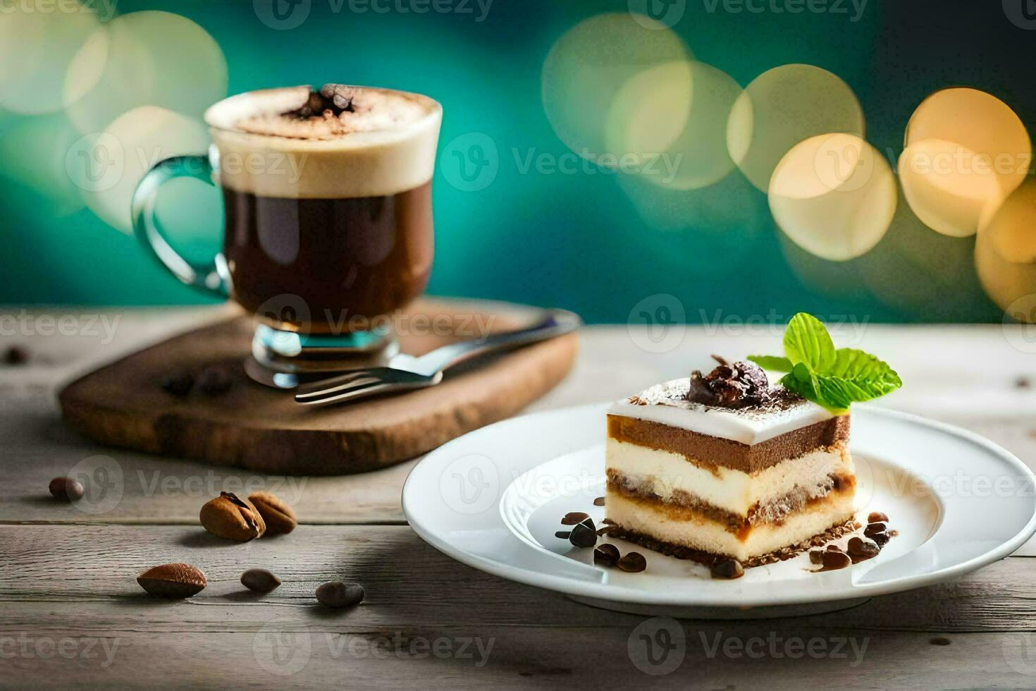 coffee and cake on a wooden table. AI-Generated photo