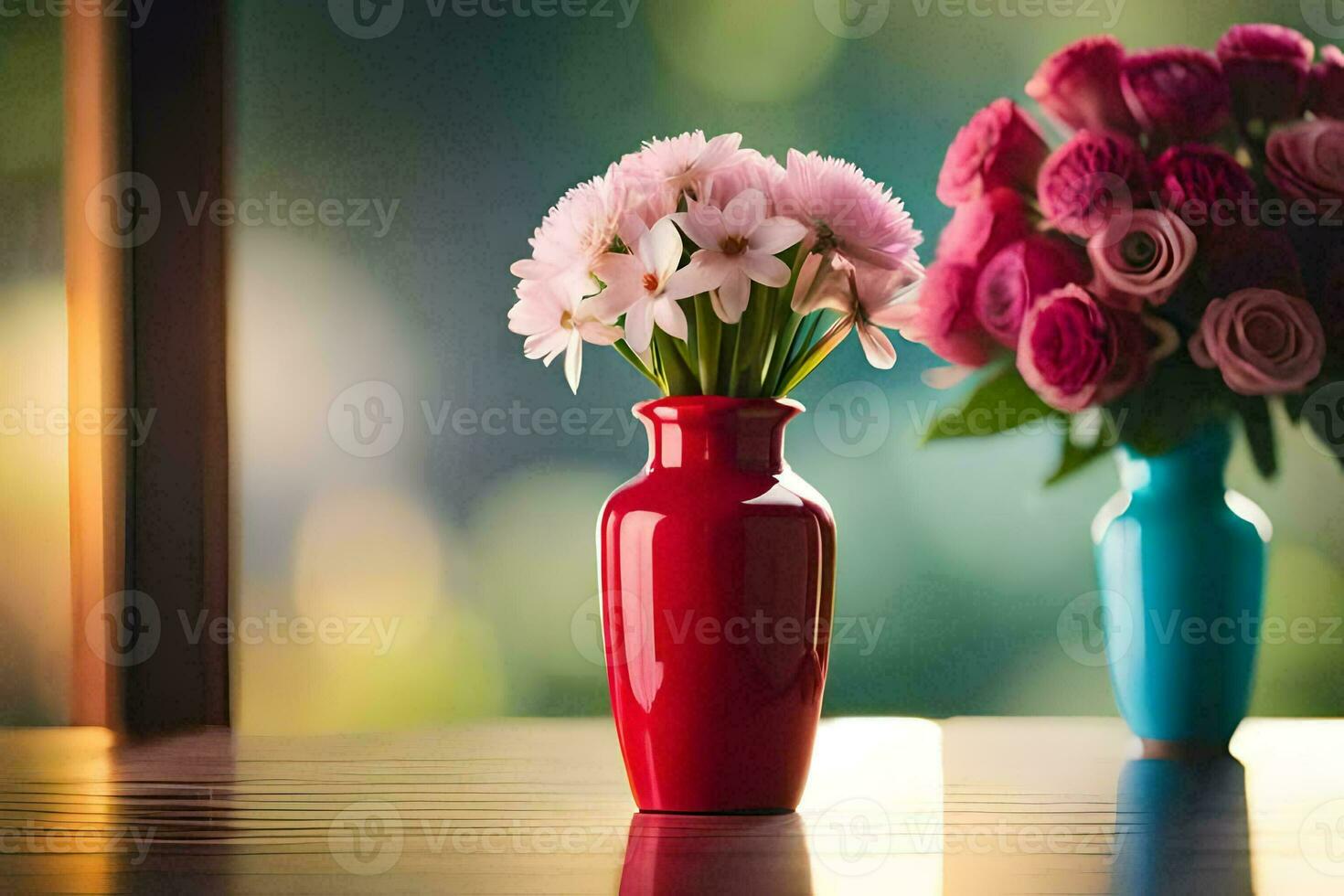 two vases with pink and white flowers on a table. AI-Generated photo