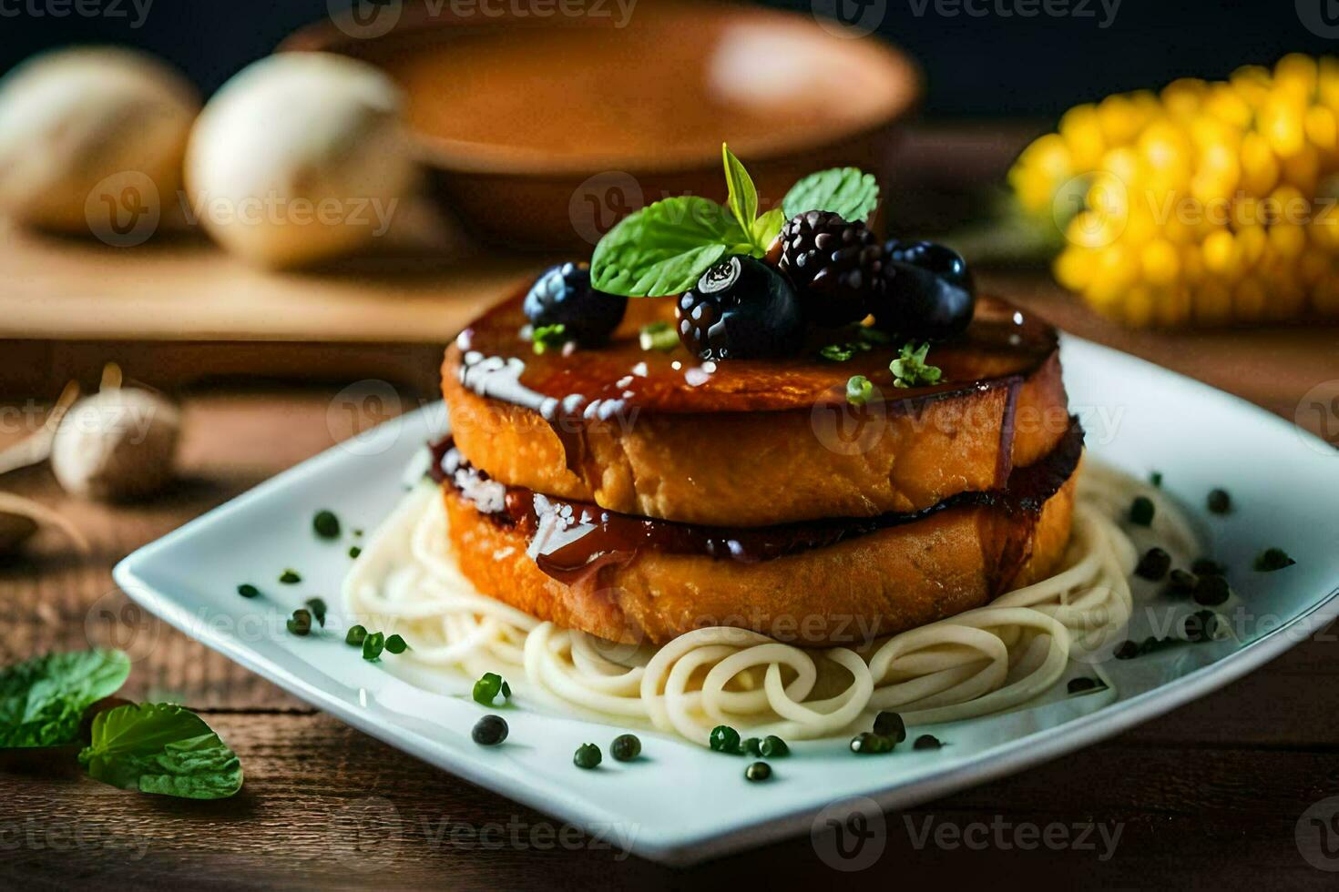 a stack of pancakes with blueberries and sauce. AI-Generated photo