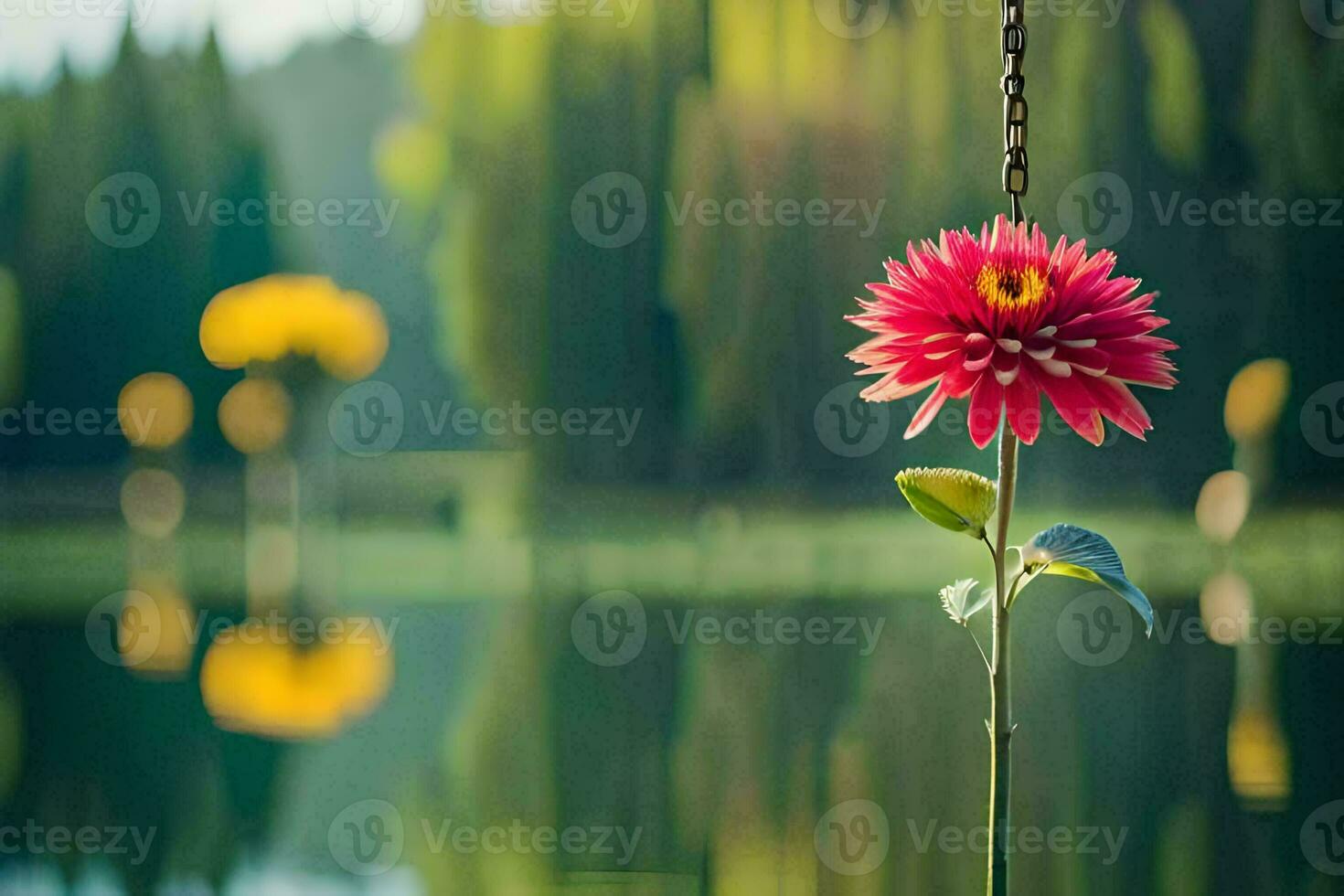 a red flower is hanging from a chain by a lake. AI-Generated photo