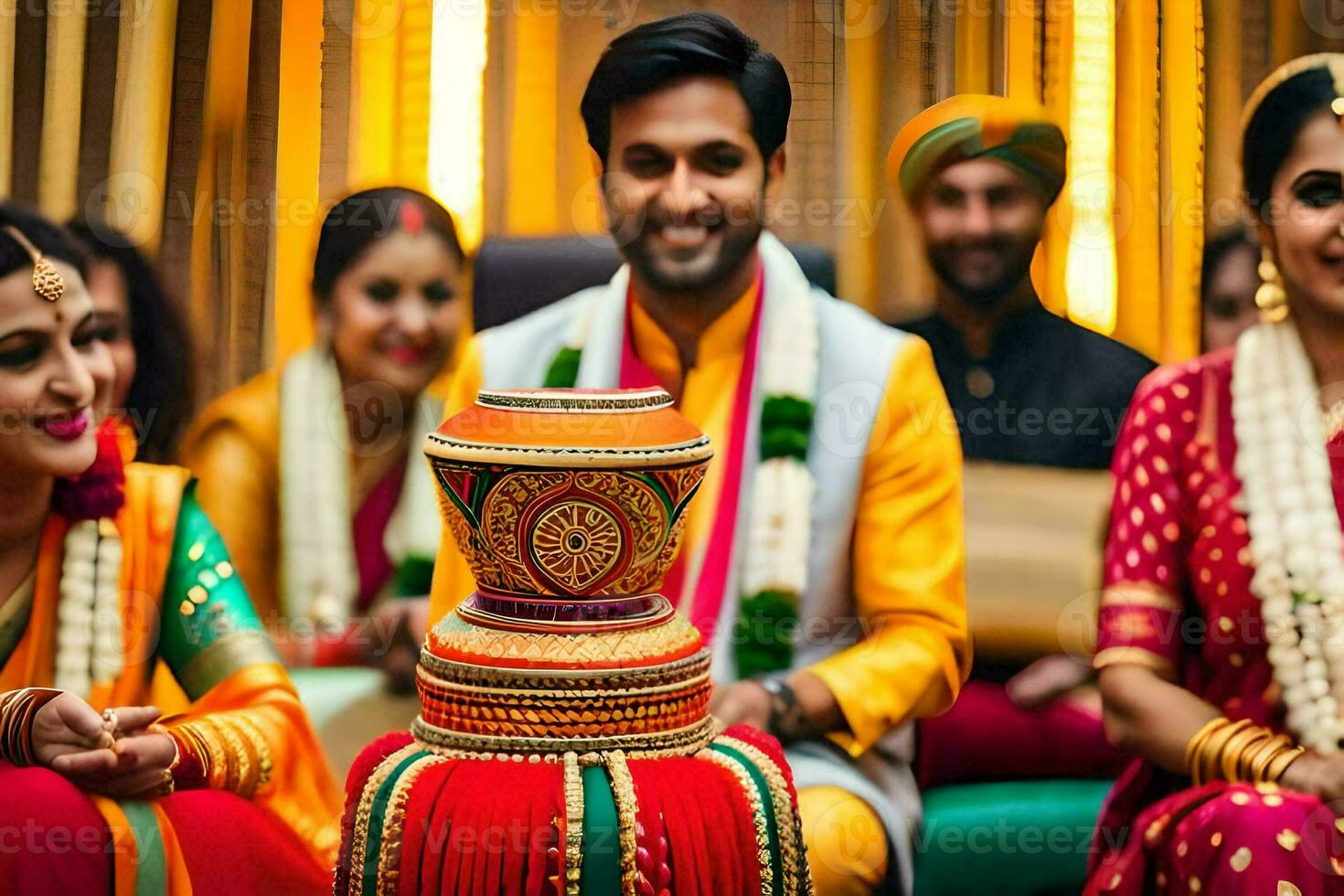 a bride and groom in traditional indian attire. AI-Generated photo