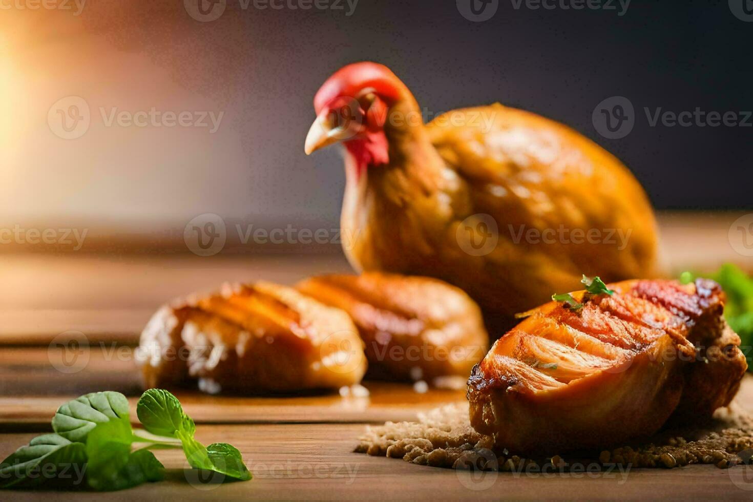 chicken and fish on a wooden table. AI-Generated photo