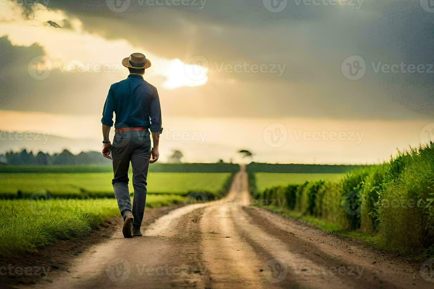 un hombre en un sombrero camina abajo un suciedad la carretera. generado por ai foto