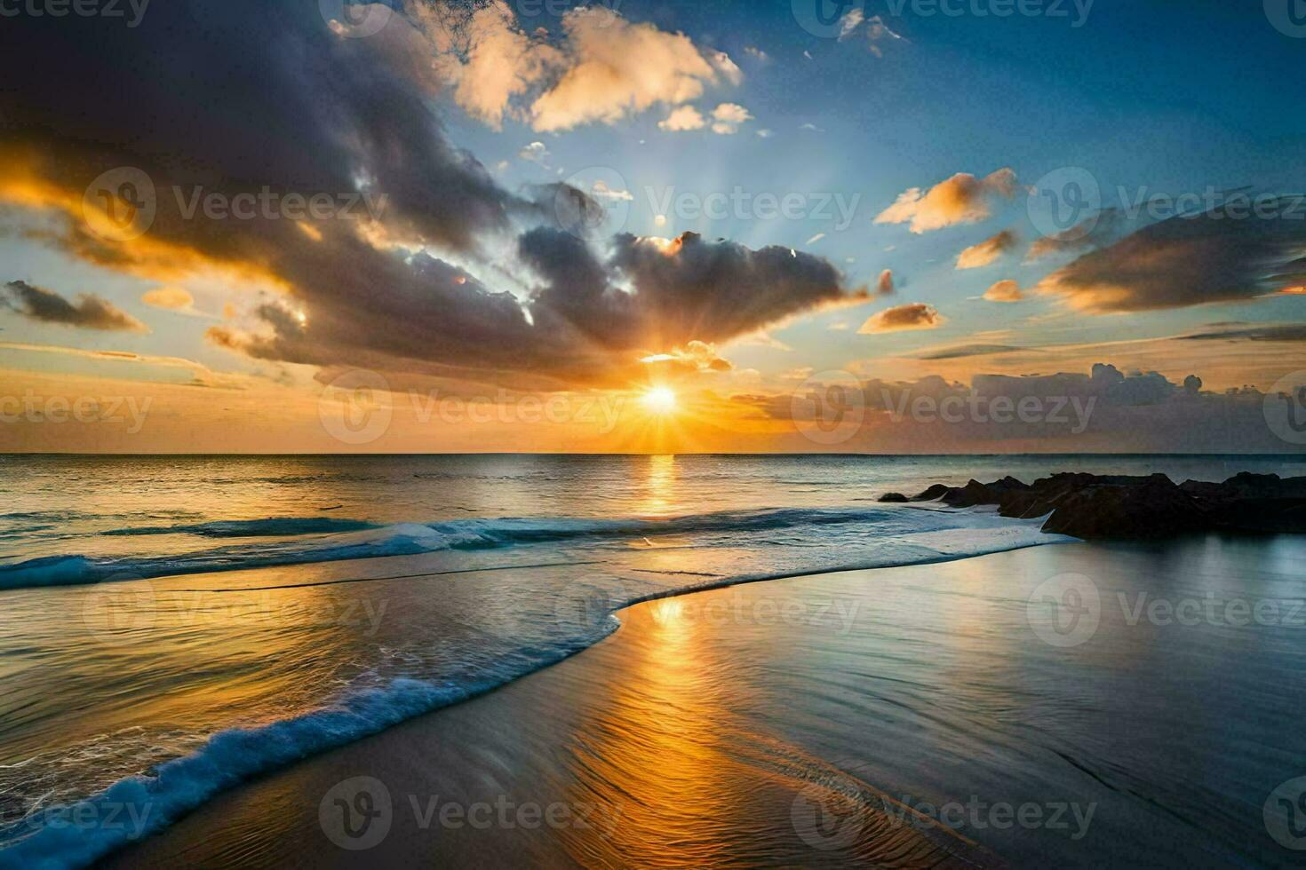 the sun sets over the ocean and waves on the beach. AI-Generated photo