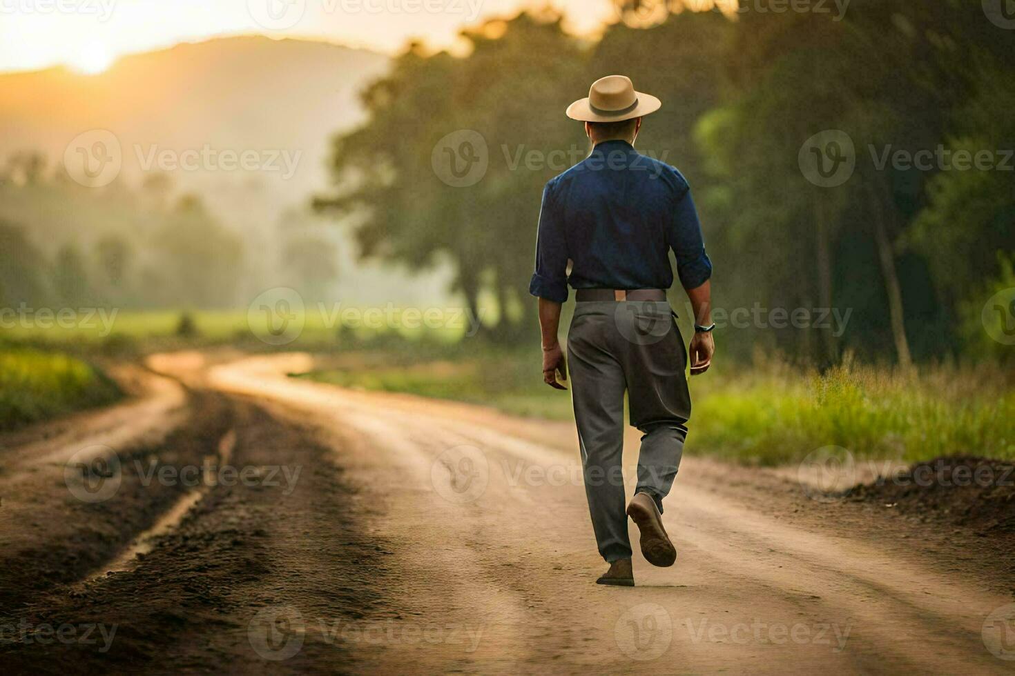 un hombre en un sombrero camina abajo un suciedad la carretera. generado por ai foto