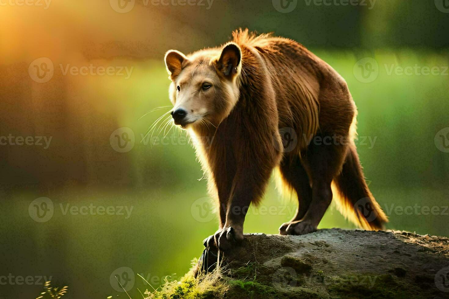 a brown bear standing on a rock in front of a lake. AI-Generated photo