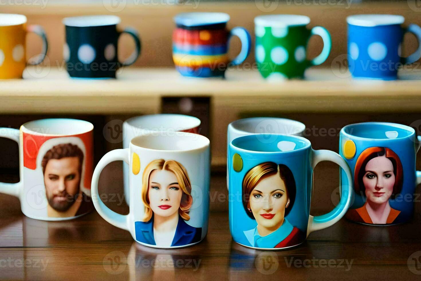 the coffee mugs are all different colors and have different faces on them. AI-Generated photo