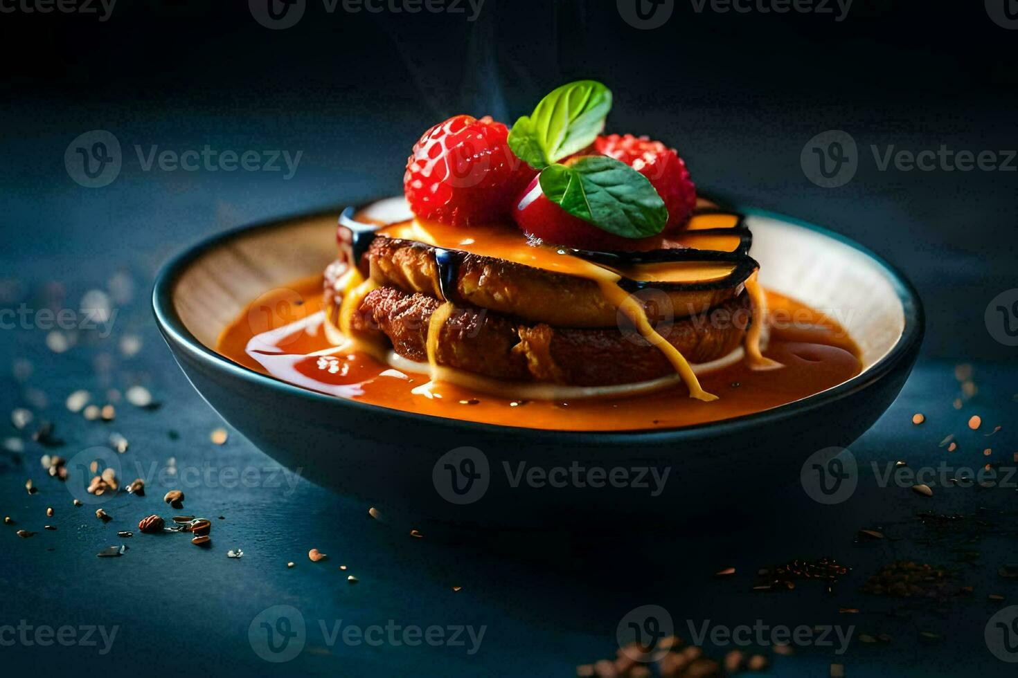 a plate with a stack of pancakes topped with sauce and berries. AI-Generated photo