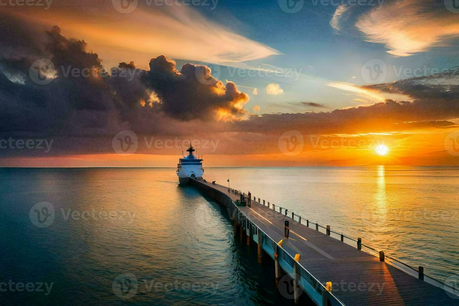 a pier with a lighthouse at sunset. AI-Generated photo