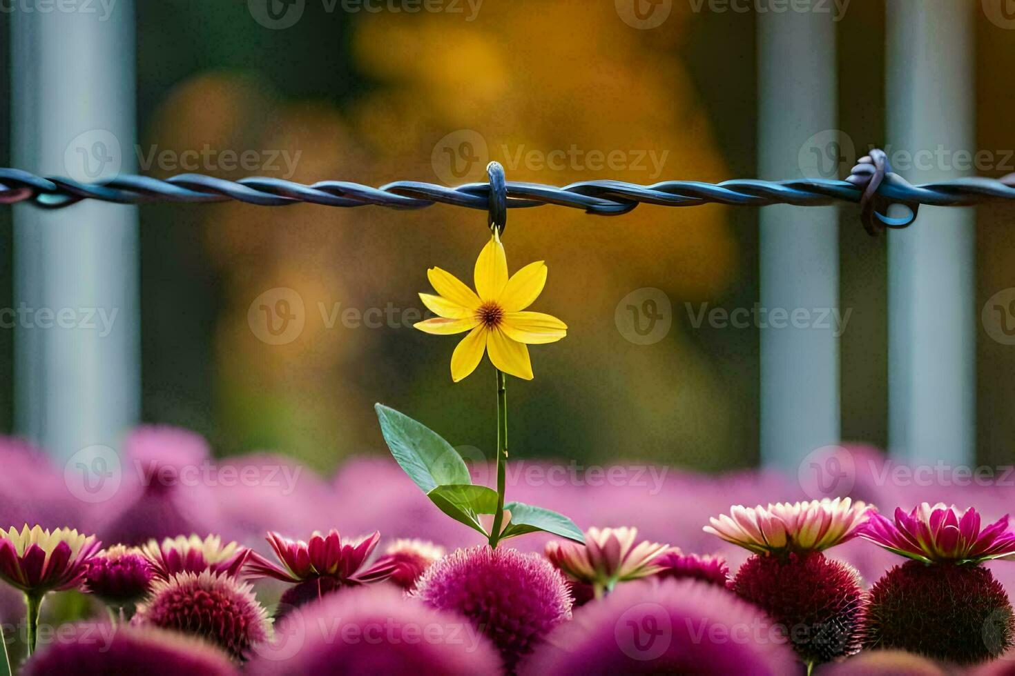 a yellow flower is standing in front of a barbed wire fence. AI-Generated photo