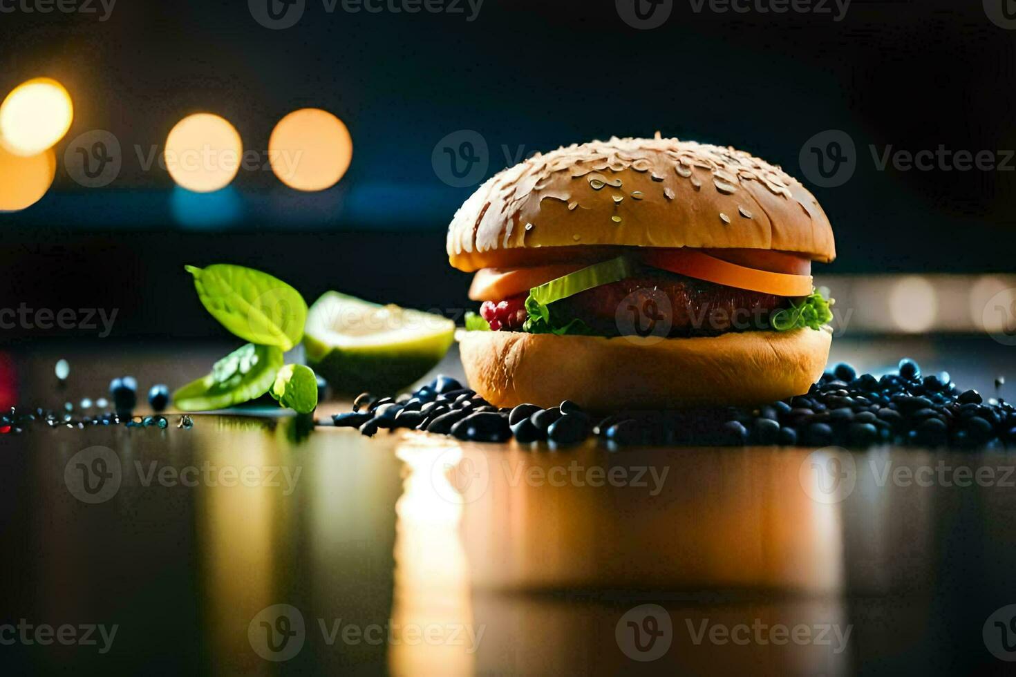 a hamburger is sitting on a black background. AI-Generated photo