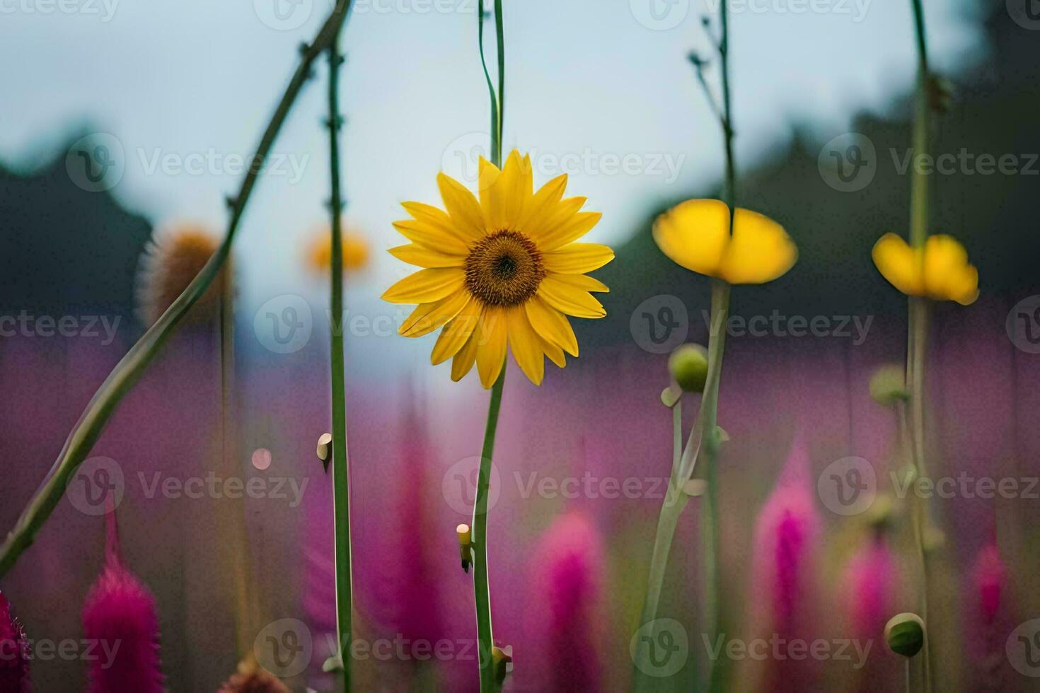 a yellow flower is standing in a field of purple flowers. AI-Generated photo