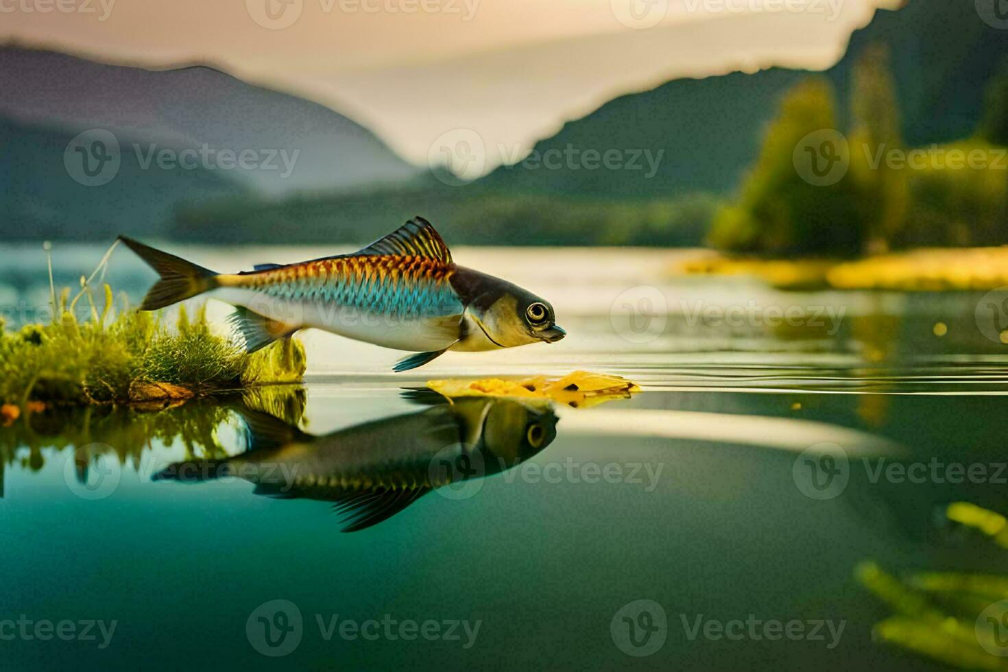 a fish is standing on the edge of a lake. AI-Generated photo