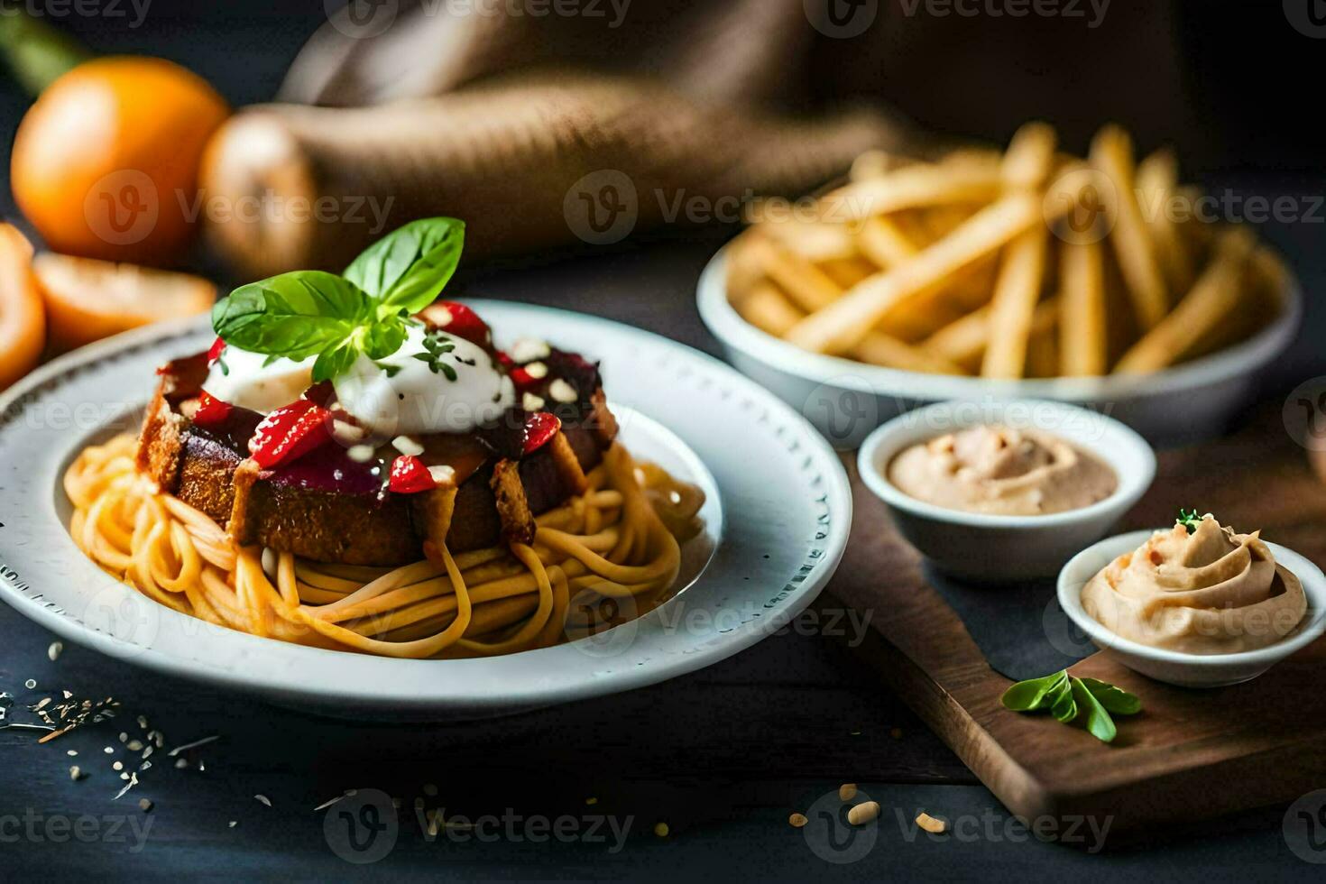 a plate of spaghetti with tomato sauce and fries. AI-Generated photo