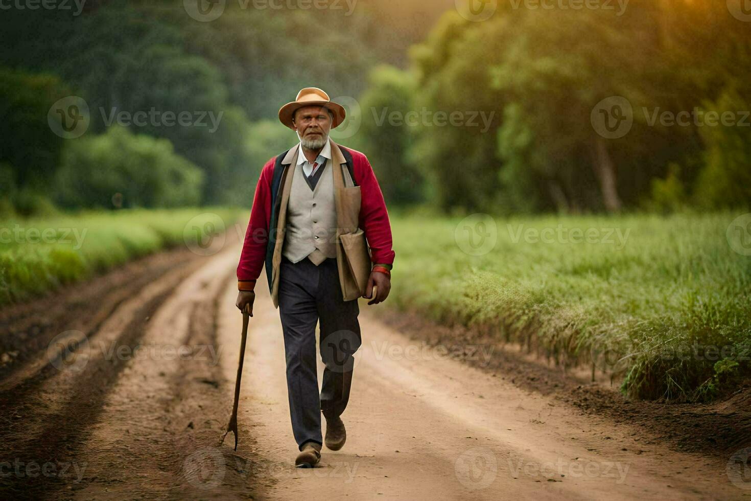 un antiguo hombre caminando abajo un suciedad la carretera. generado por ai foto