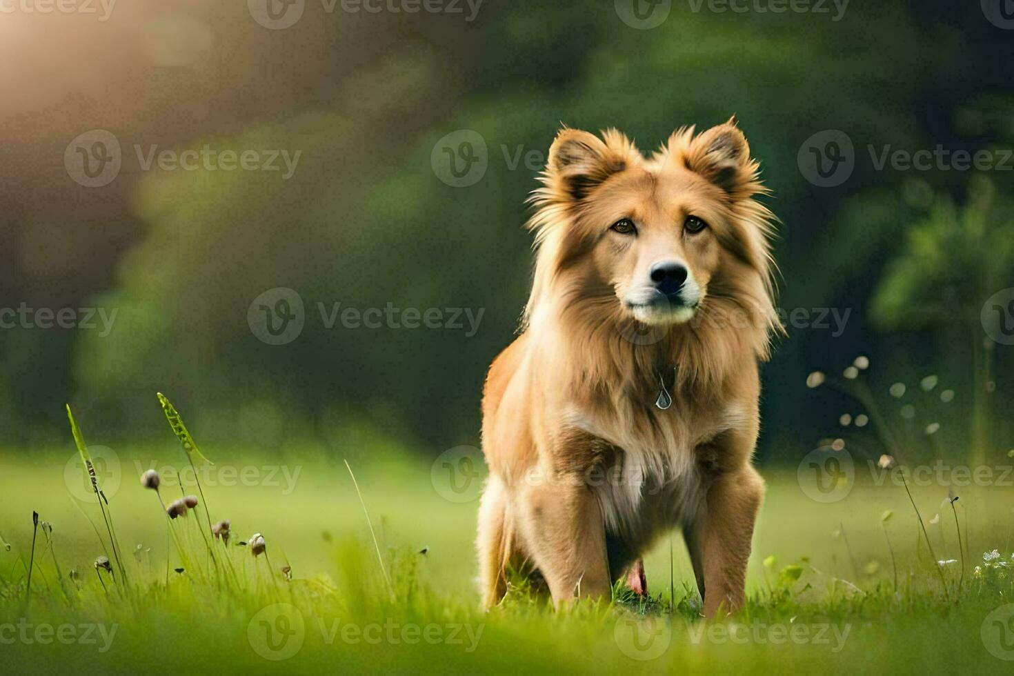 un perro es en pie en el césped. generado por ai foto