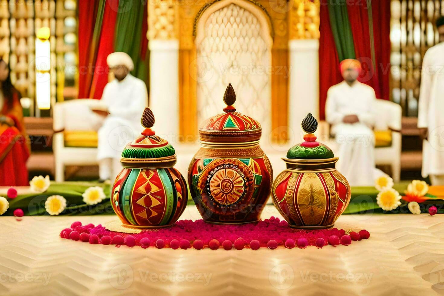 three colorful pots on a table with a man and woman. AI-Generated photo