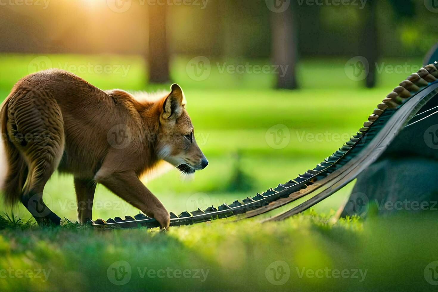 un perro caminando en un verde campo con un largo cuerda. generado por ai foto