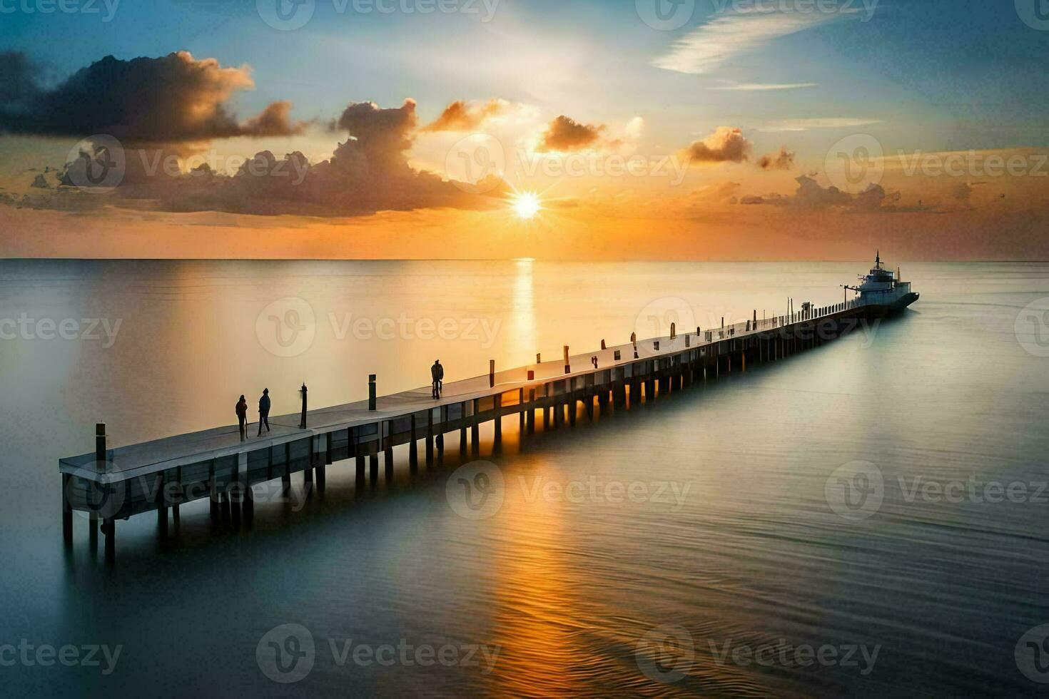 a pier at sunset with people walking on it. AI-Generated photo