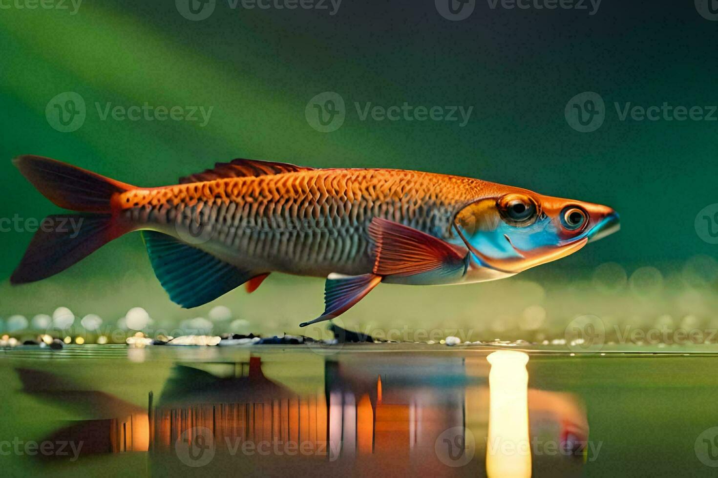 a fish is standing on the water with its head up. AI-Generated photo