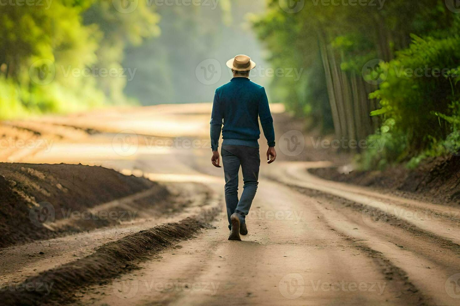 a man walking down a dirt road in the middle of a forest. AI-Generated photo