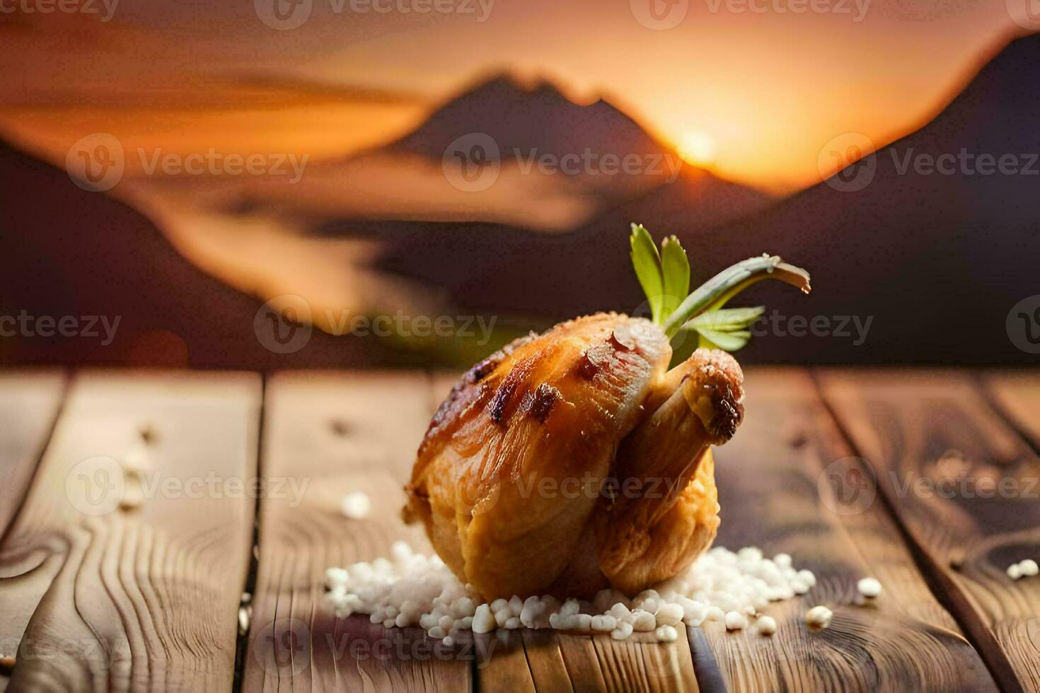chicken on a wooden table with a sunset in the background. AI-Generated photo