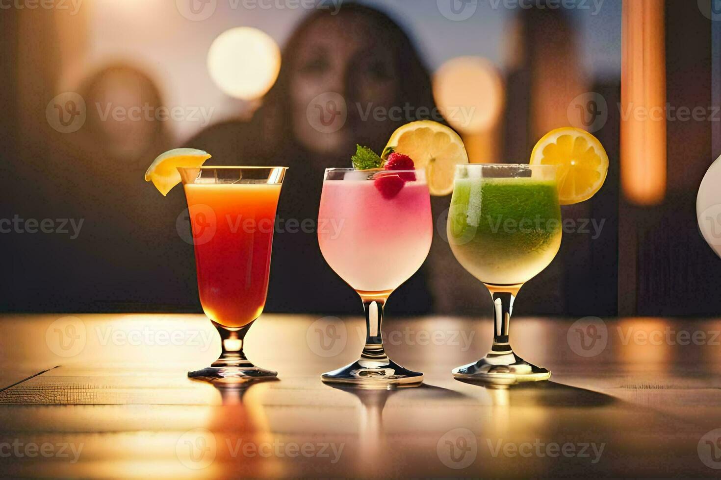 three different cocktails are lined up on a table. AI-Generated photo