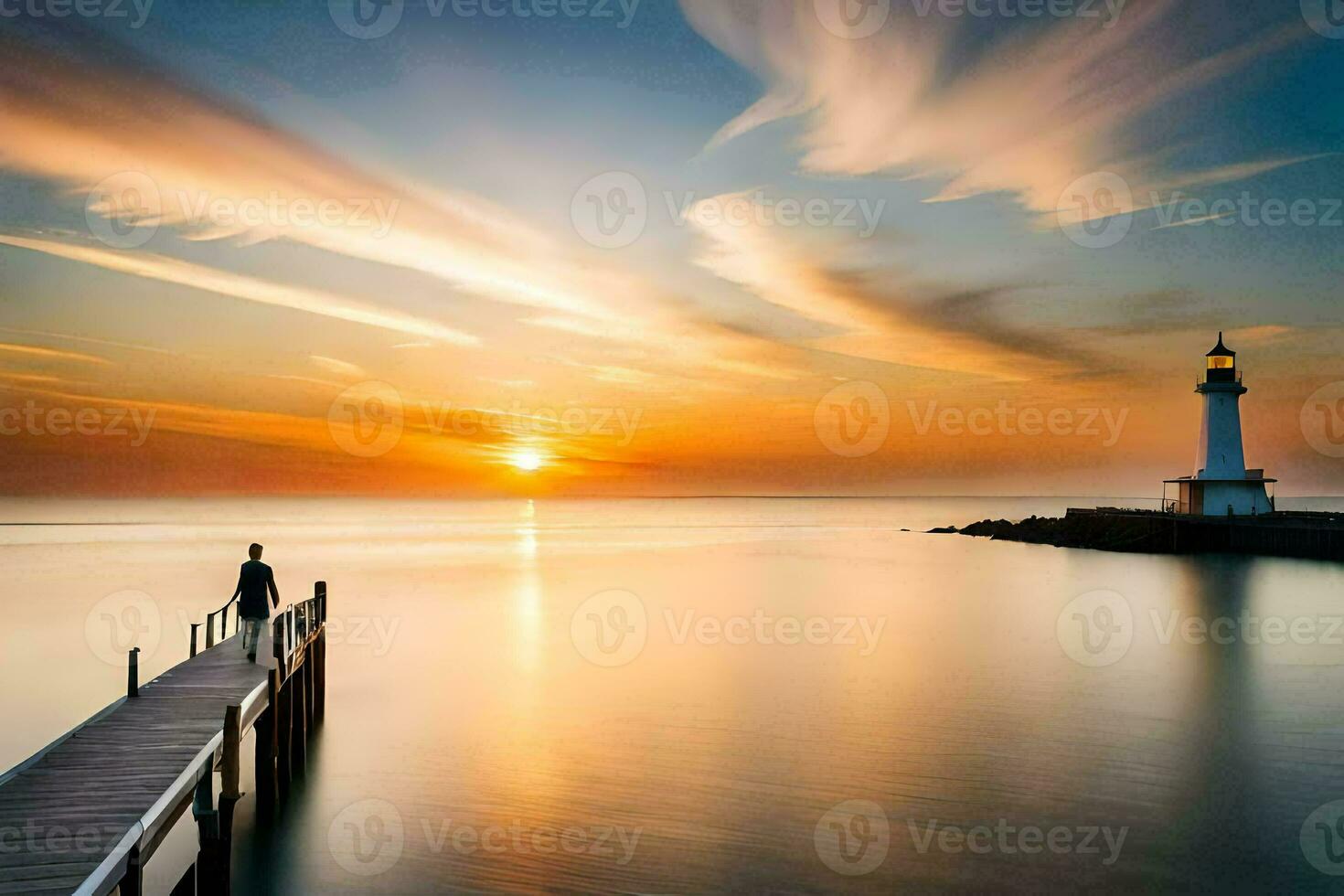 a man stands on a pier looking at the sunset. AI-Generated photo