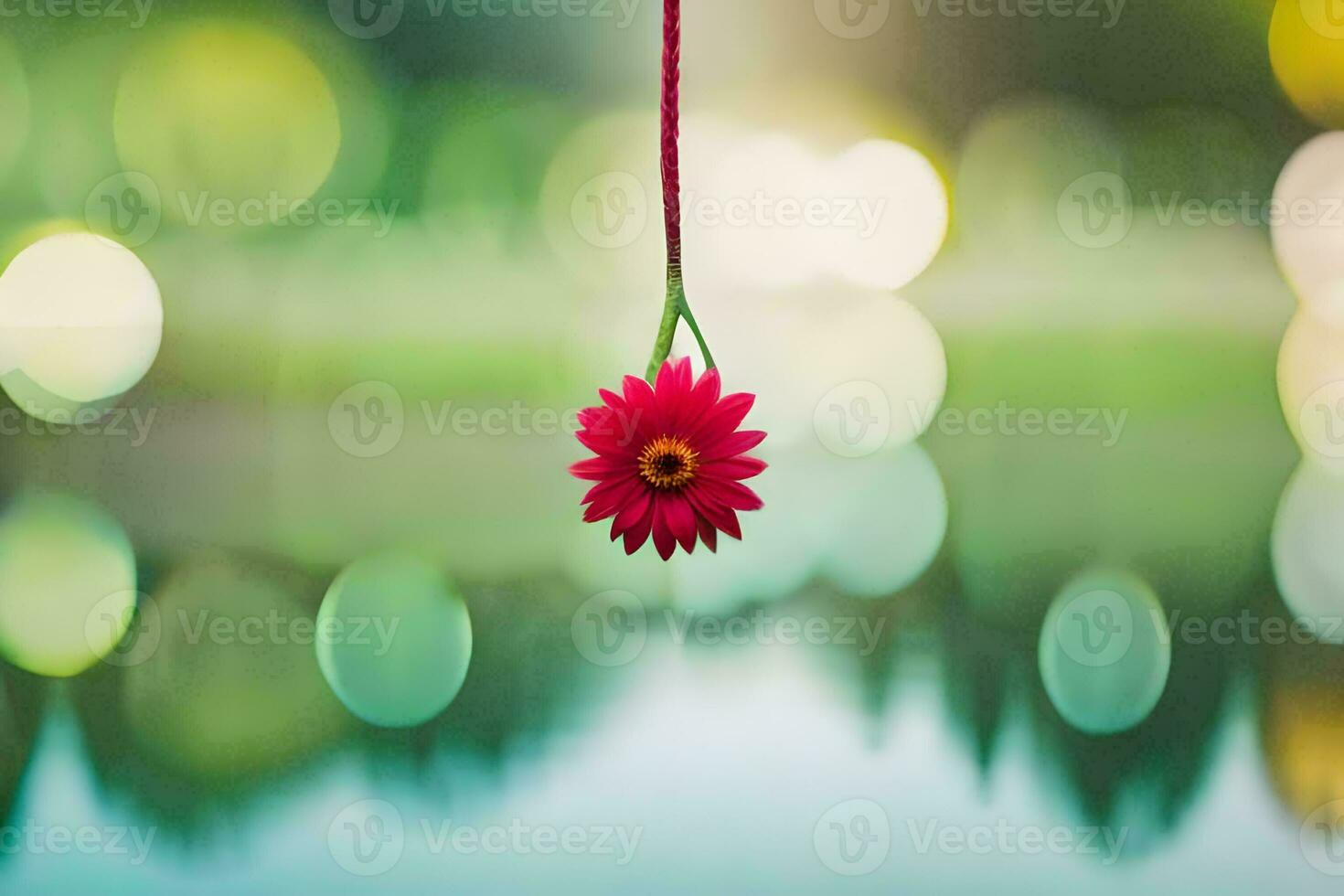 un rojo flor colgando desde un cuerda en frente de un lago. generado por ai foto