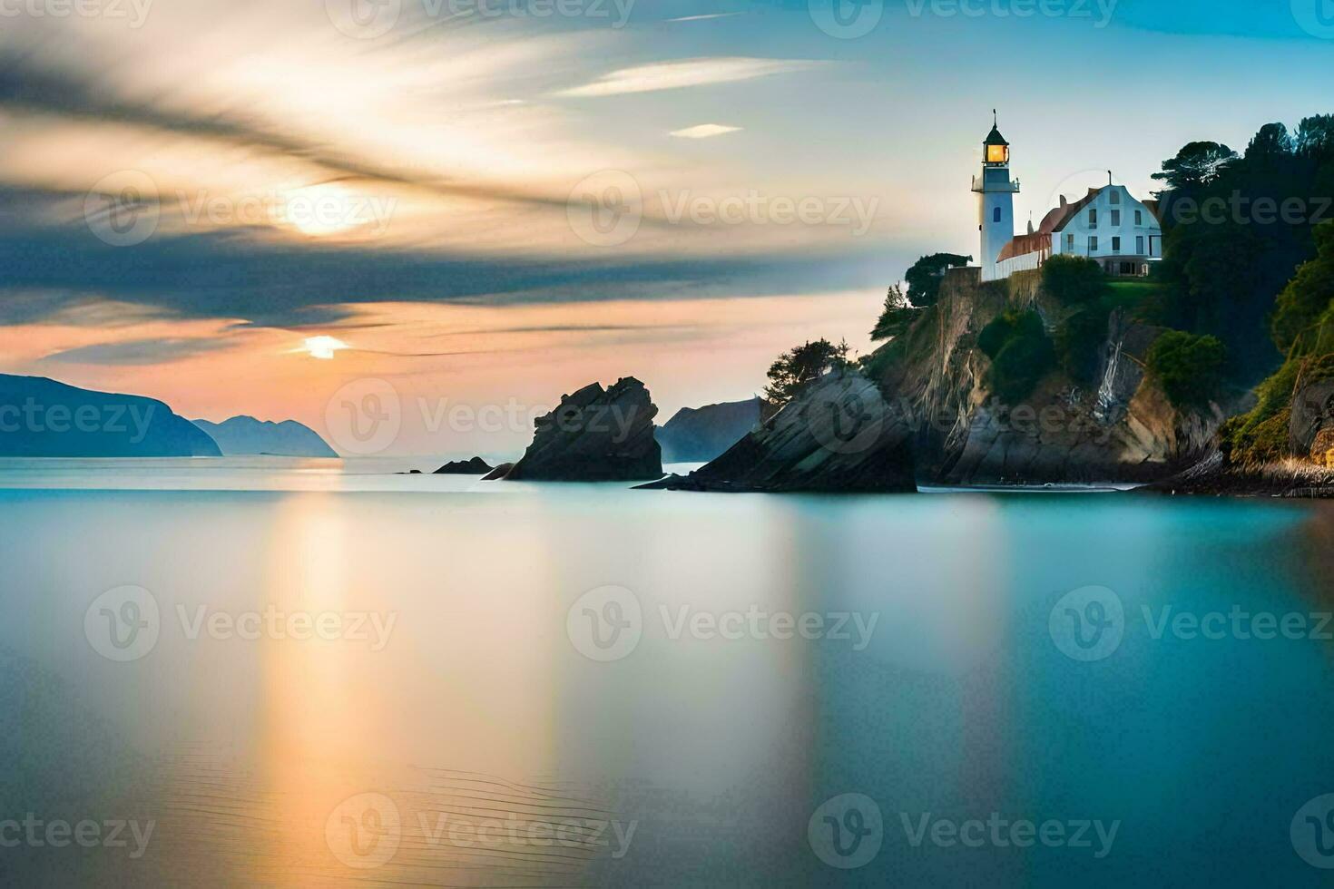 a lighthouse sits on top of a cliff overlooking the ocean. AI-Generated photo