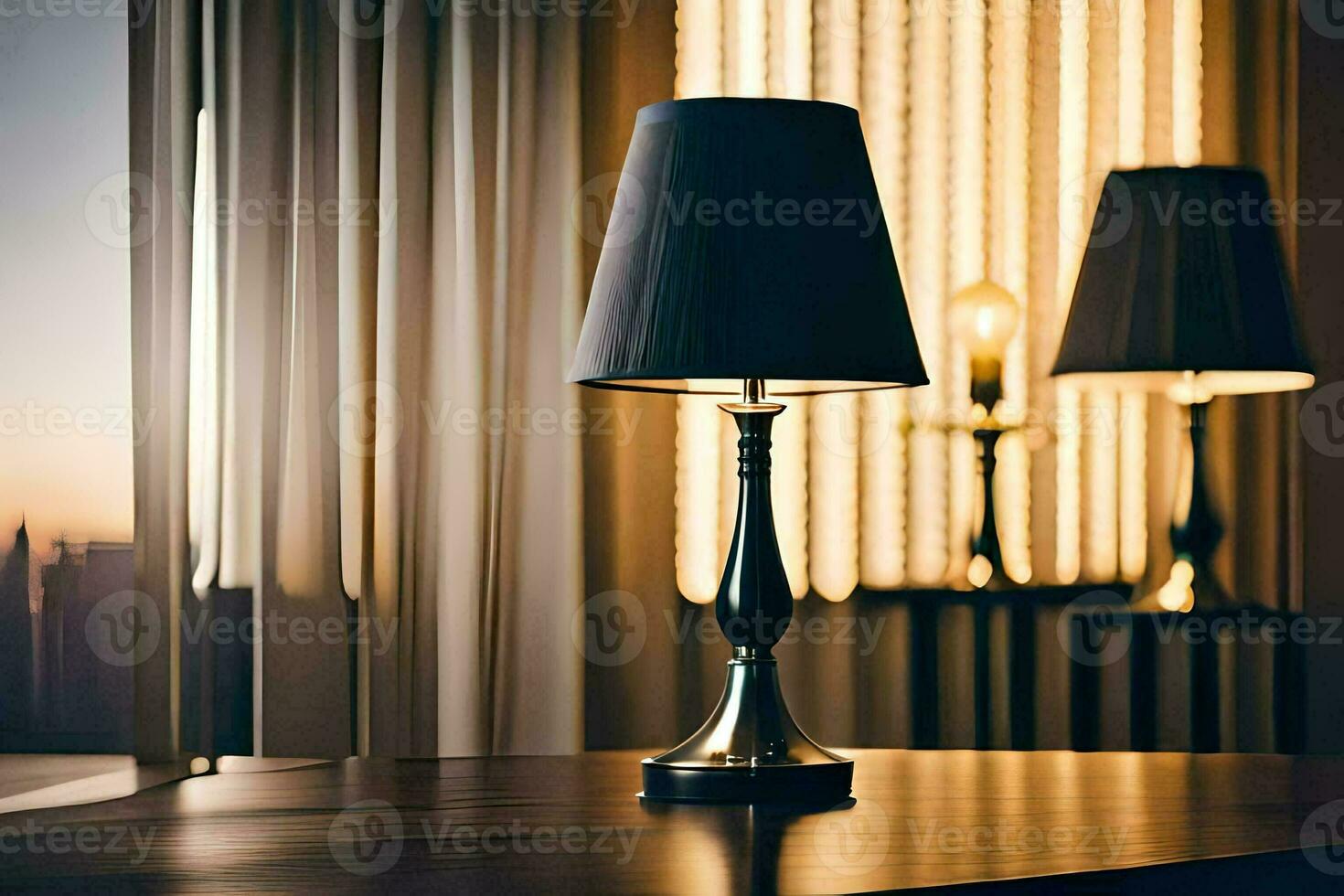 a table with a lamp on it and a window. AI-Generated photo