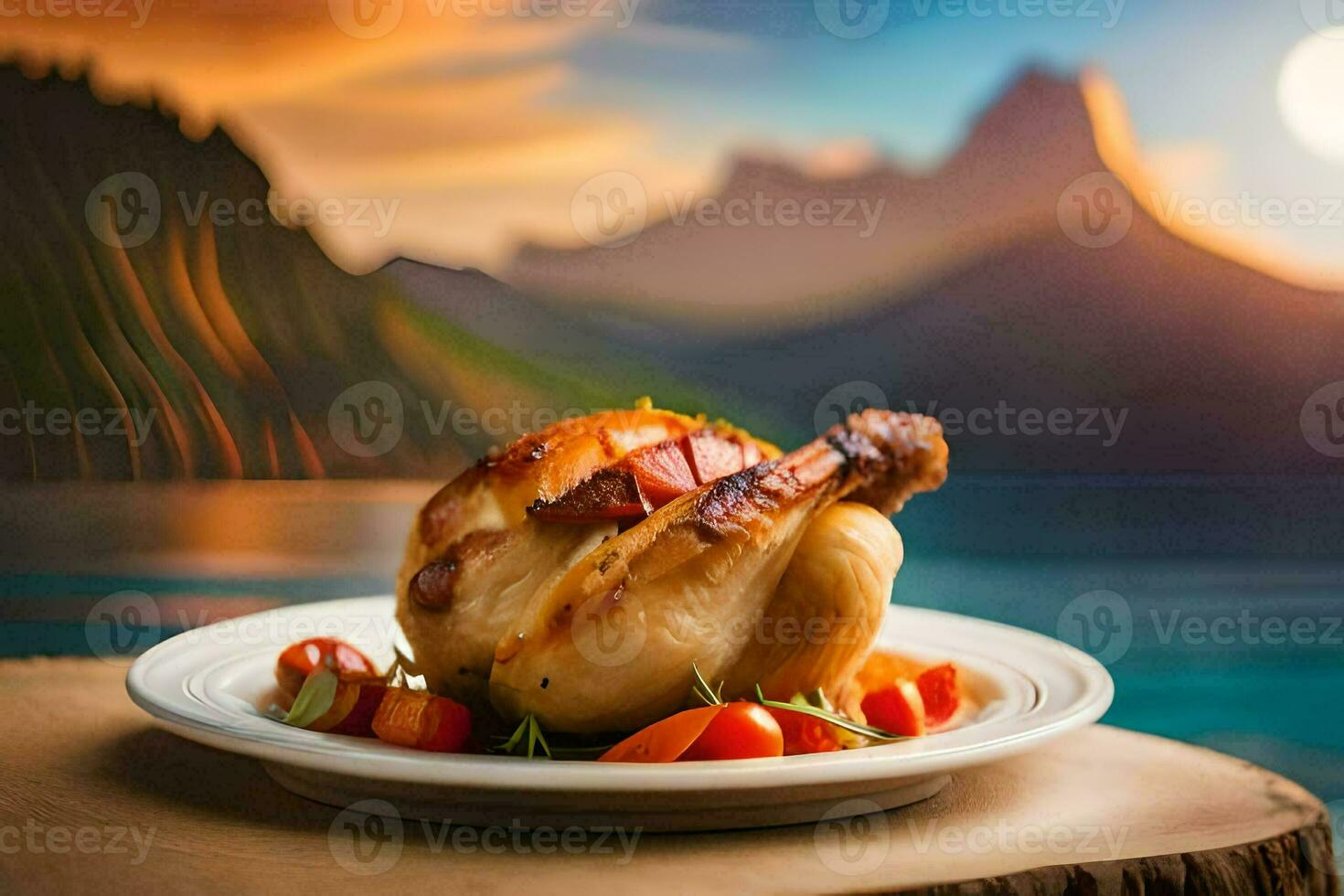 a chicken on a plate with a mountain in the background. AI-Generated photo