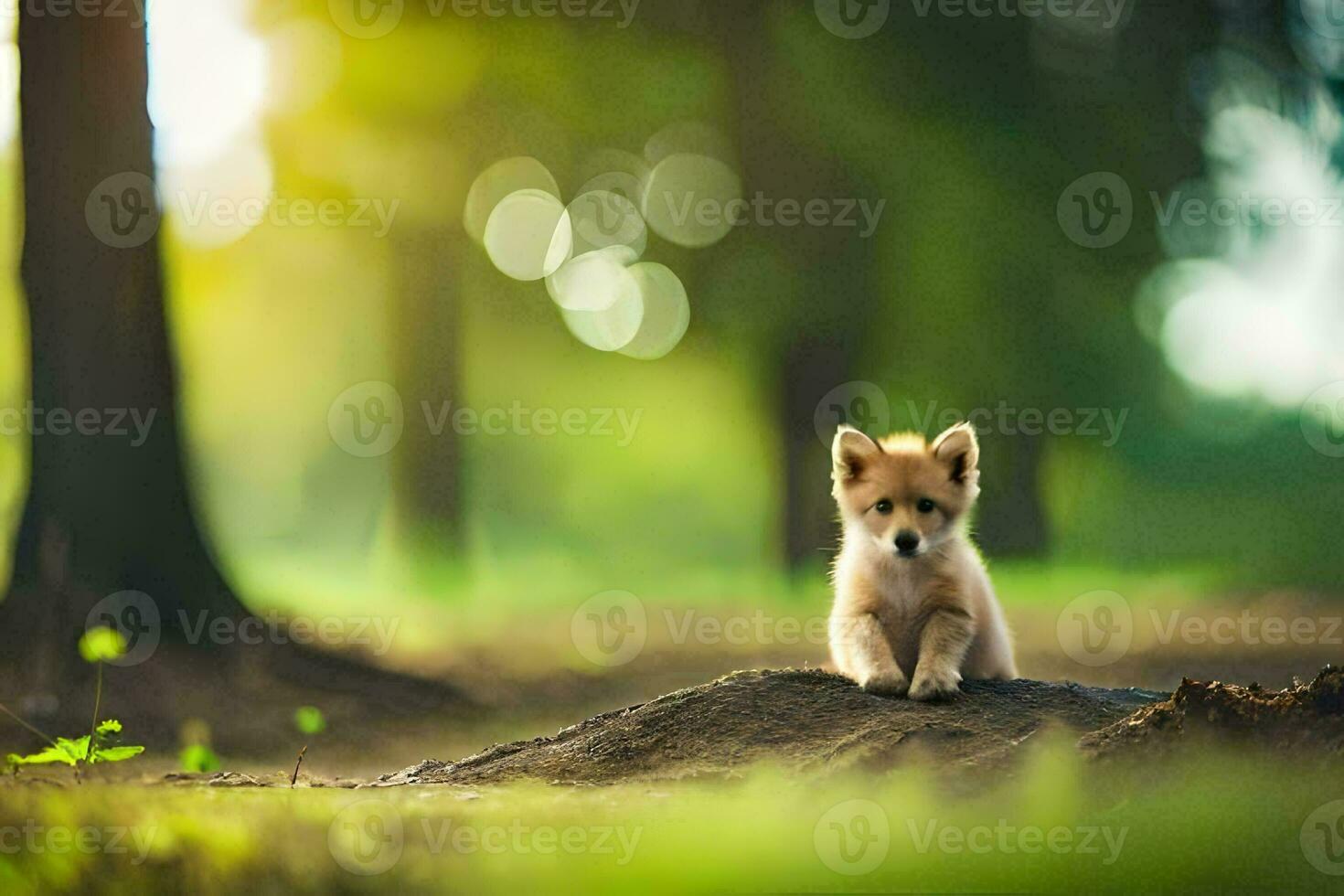 a puppy sitting on a log in the woods. AI-Generated photo