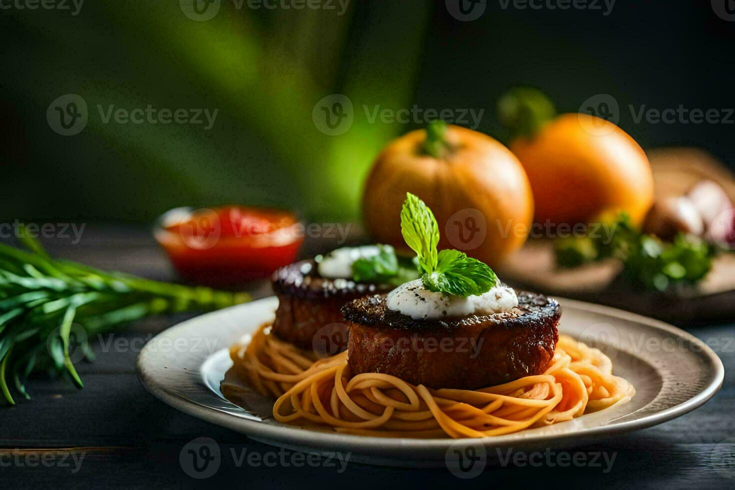 spaghetti with meat and tomatoes on a plate. AI-Generated photo