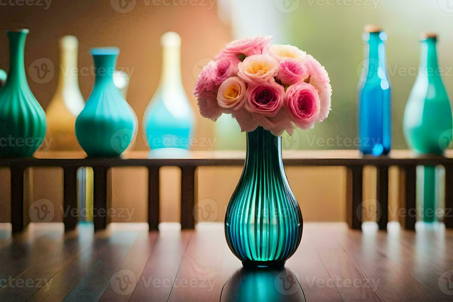 a vase with pink roses sitting on a table. AI-Generated photo