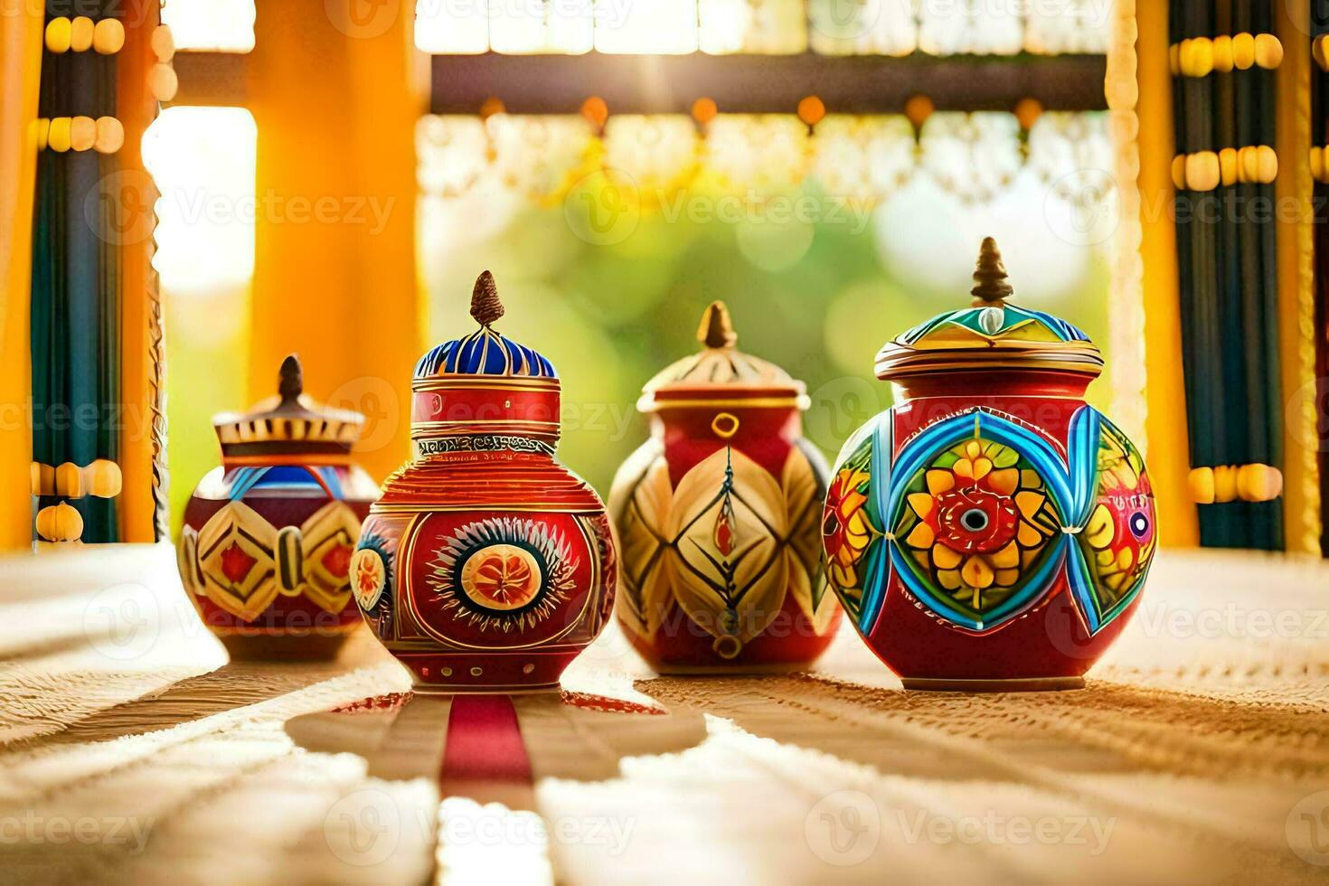 three colorful ceramic jars on a table. AI-Generated photo