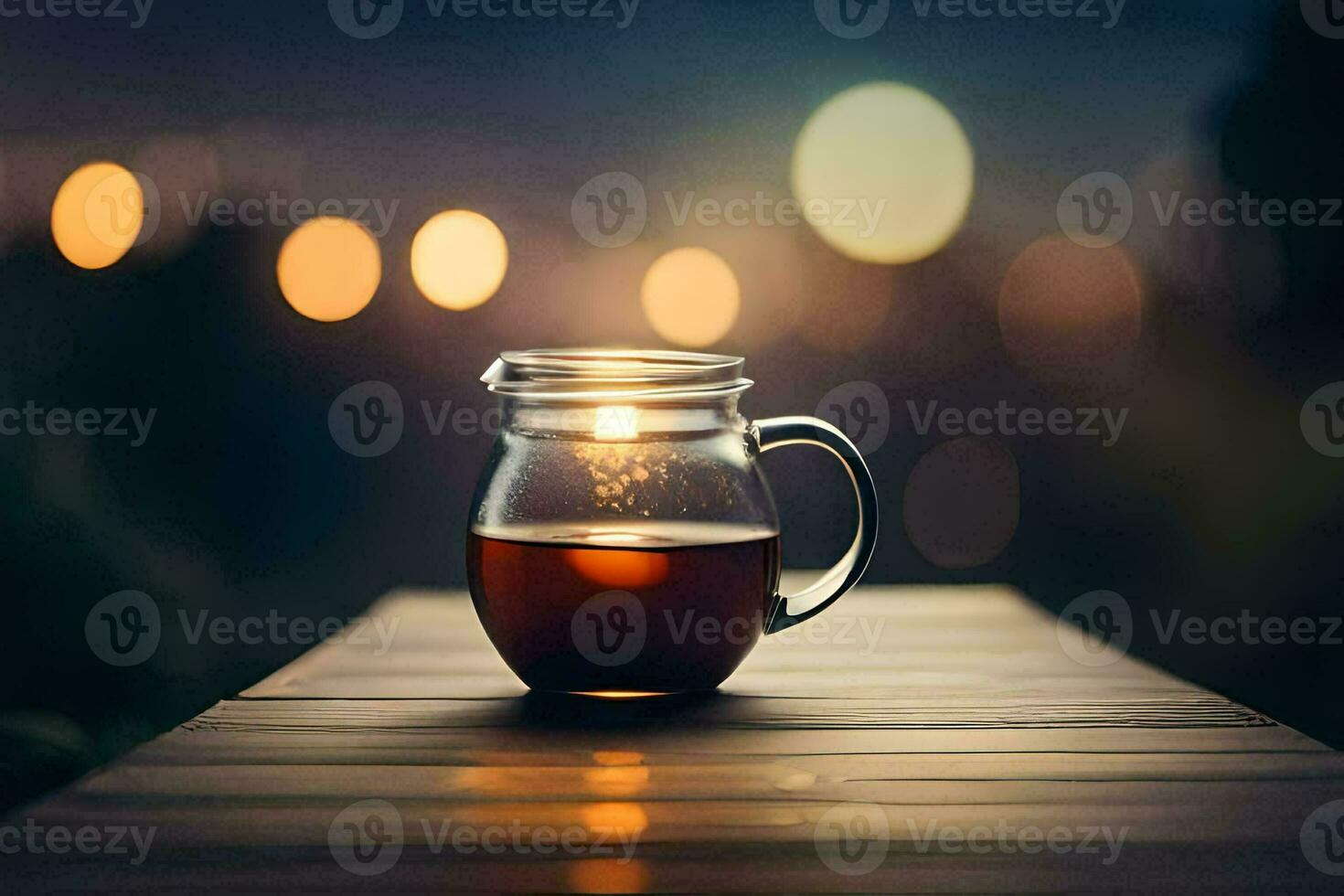 un vaso tarro con un taza de té en un de madera mesa. generado por ai foto