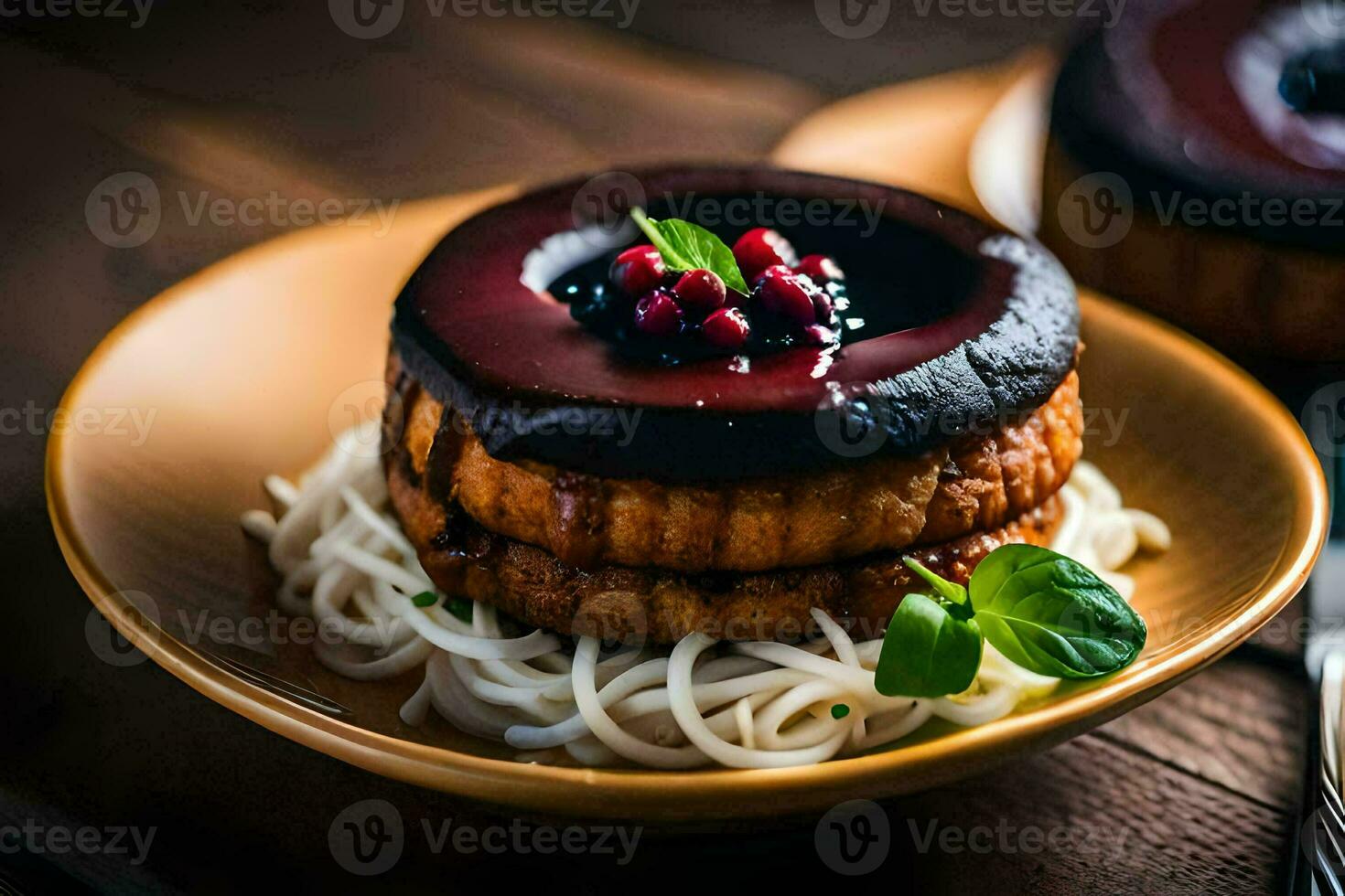 a plate with a cake and noodles on it. AI-Generated photo