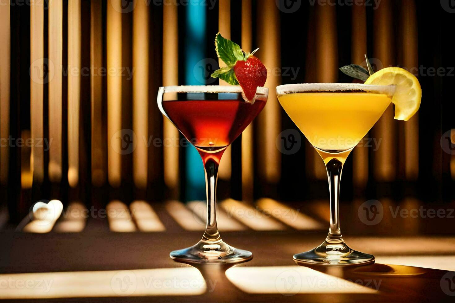 two cocktails sit on a table with a light behind them. AI-Generated photo