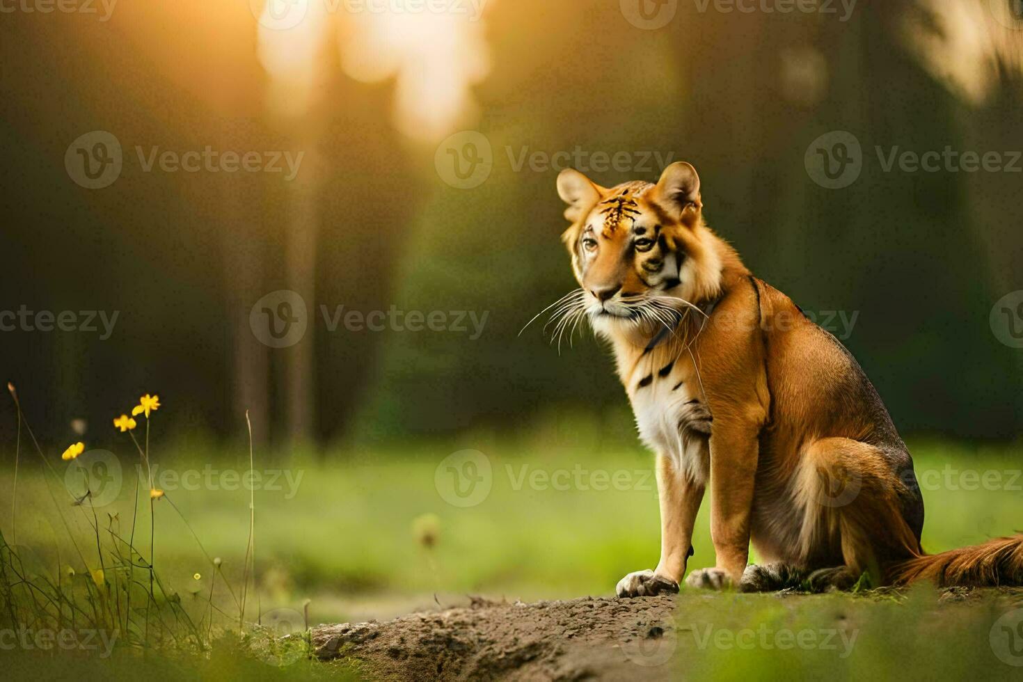 a tiger sitting on the ground in the sun. AI-Generated photo
