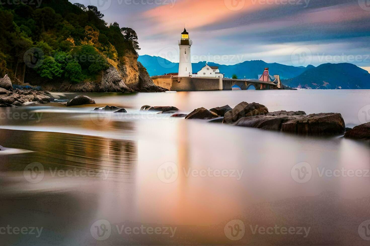 un faro se sienta en el apuntalar de un cuerpo de agua. generado por ai foto