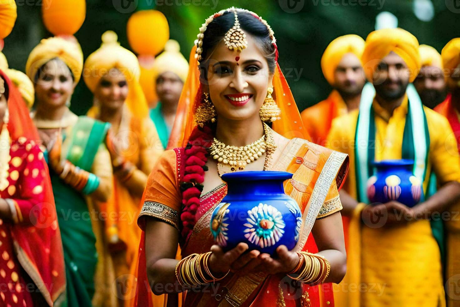 a woman in traditional indian attire holding a pot. AI-Generated photo