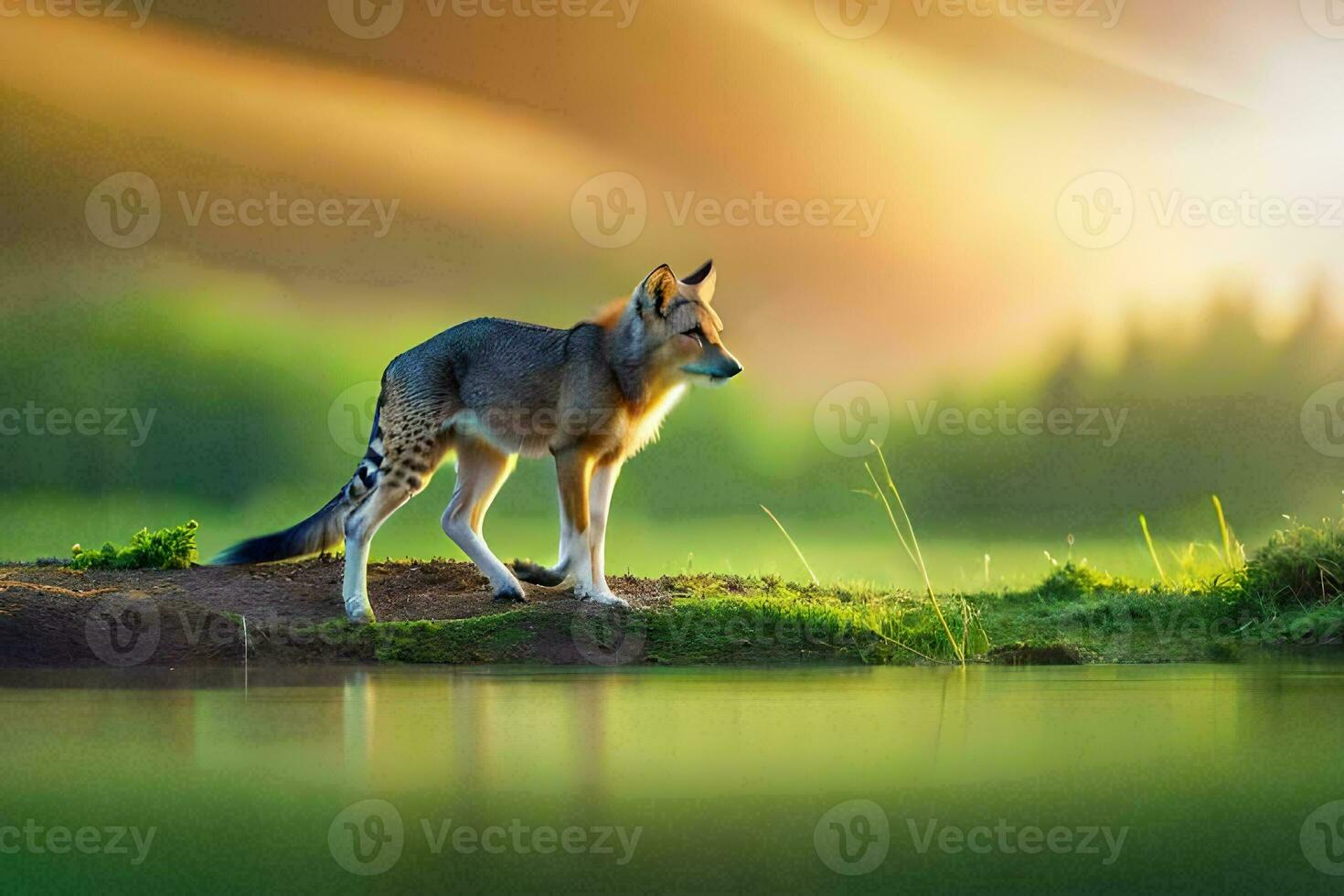 a jackal standing on the edge of a lake. AI-Generated photo