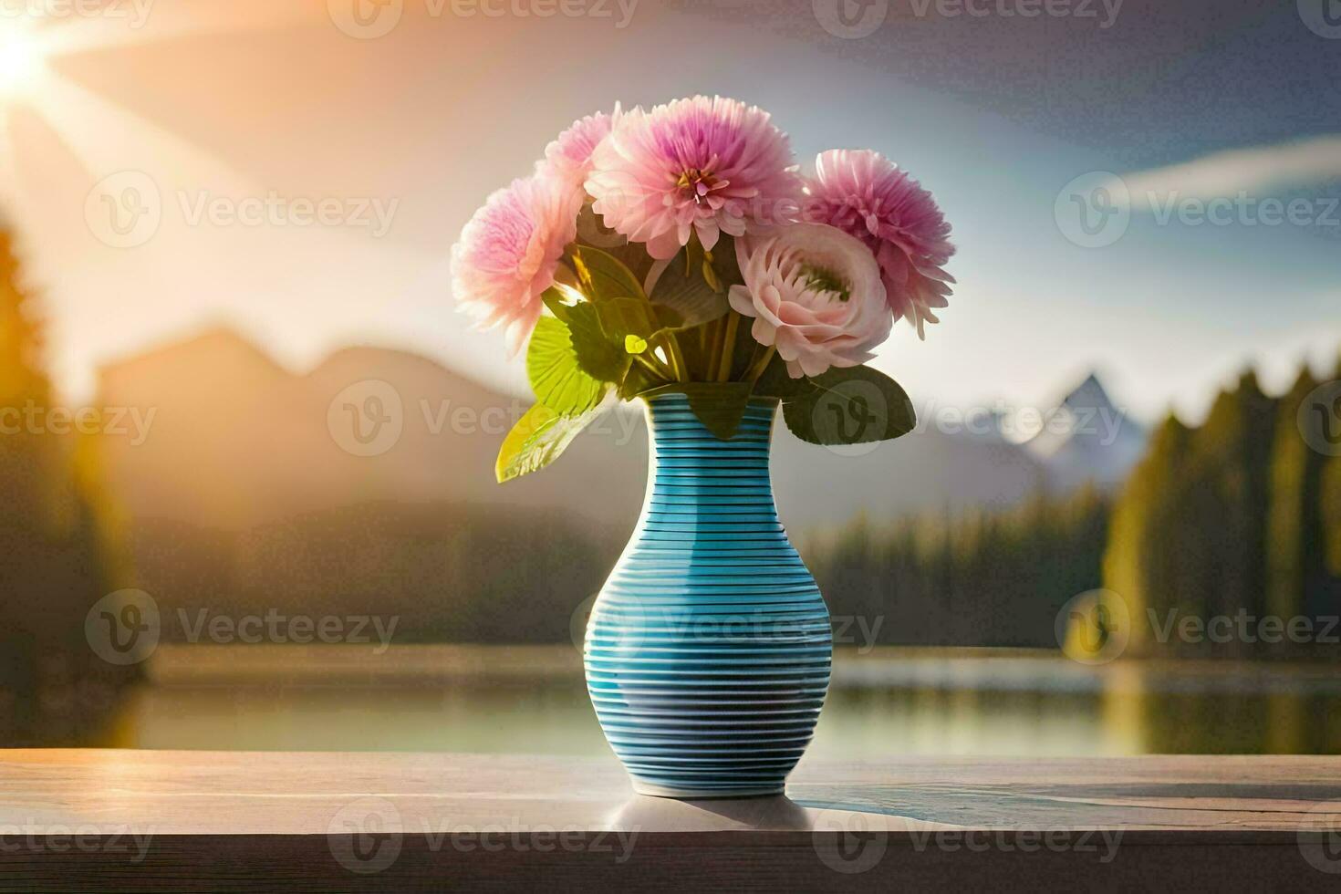 photo wallpaper the sky, flowers, mountains, lake, sun, flowers, vase, v. AI-Generated