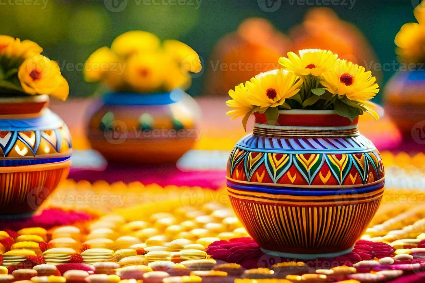 colorful vases with yellow flowers on a table. AI-Generated photo