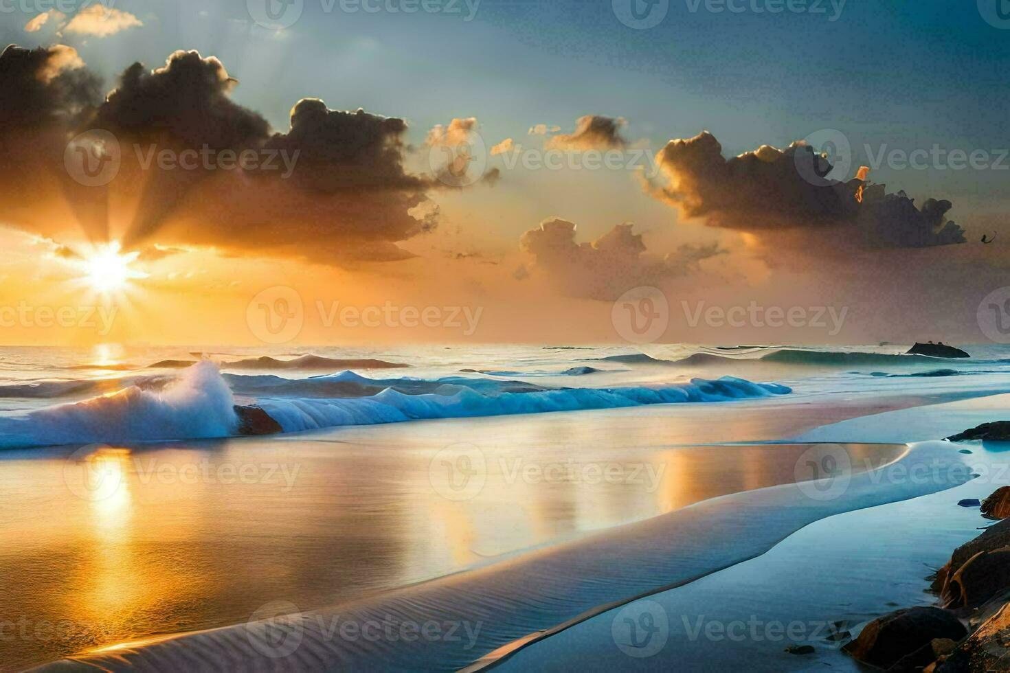the sun rises over the ocean and waves on a beach. AI-Generated photo